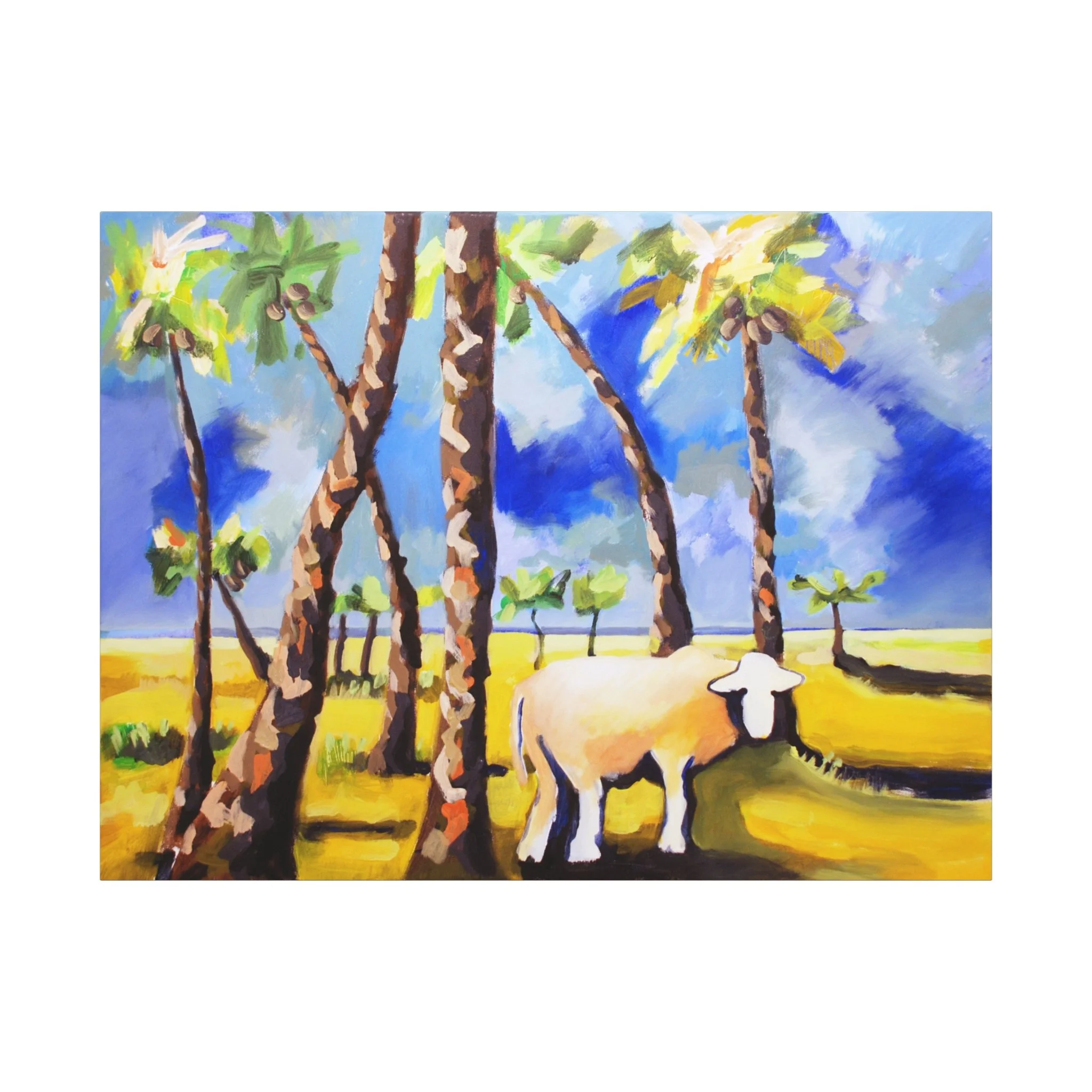 Riesenbaby, Kunstdruck nach dem Original von Fredi Gertsch (2013), Schweizer Kunst mit Palmen, Sommerlandschaft und Kuhmotiv in Gelb und Blau, Serie Highlights 2013