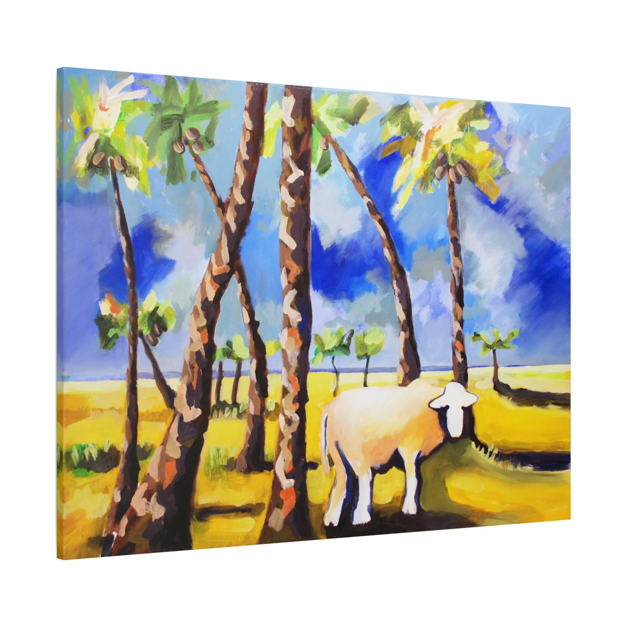 Riesenbaby, Kunstdruck nach dem Original von Fredi Gertsch (2013), Schweizer Kunst mit Palmen, Sommerlandschaft und Kuhmotiv in Gelb und Blau, Serie Highlights 2013