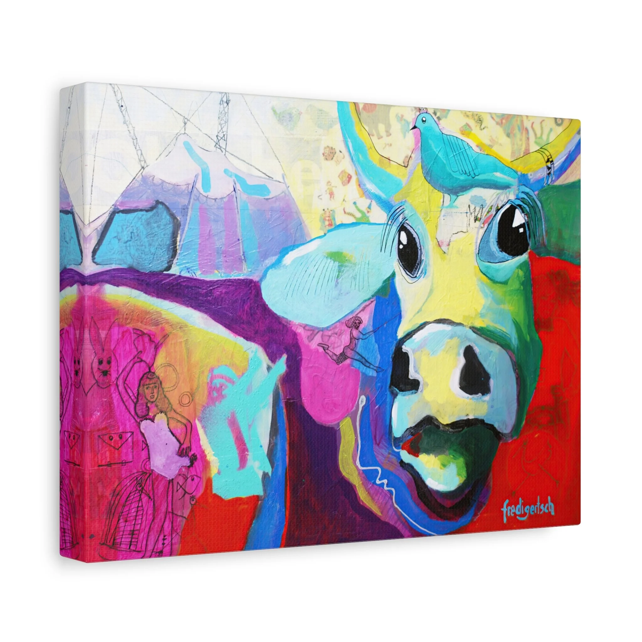 VogelLisi, Kunstdruck nach dem Original von Fredi Gertsch (2013), Schweizer Kunst mit VogelLisi-Kuhporträt und Vogel auf dem Kopf in Pink, Rot und Türkis, Serie Highlights 2013
