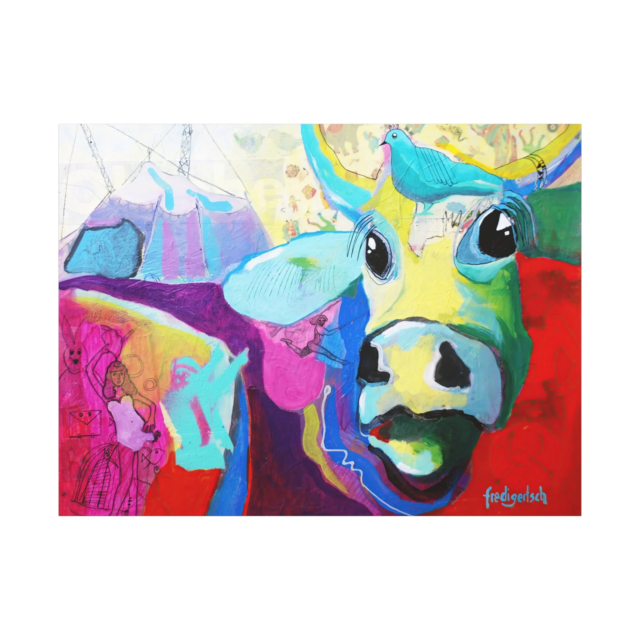VogelLisi, Kunstdruck nach dem Original von Fredi Gertsch (2013), Schweizer Kunst mit VogelLisi-Kuhporträt und Vogel auf dem Kopf in Pink, Rot und Türkis, Serie Highlights 2013