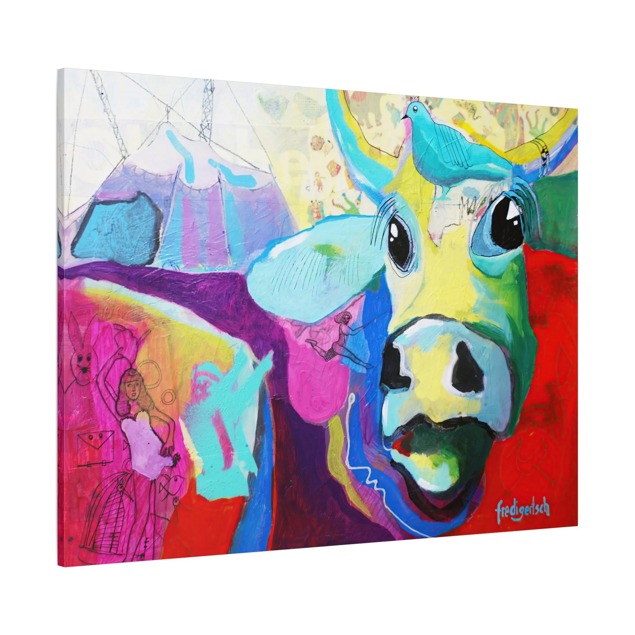 VogelLisi, Kunstdruck nach dem Original von Fredi Gertsch (2013), Schweizer Kunst mit VogelLisi-Kuhporträt und Vogel auf dem Kopf in Pink, Rot und Türkis, Serie Highlights 2013