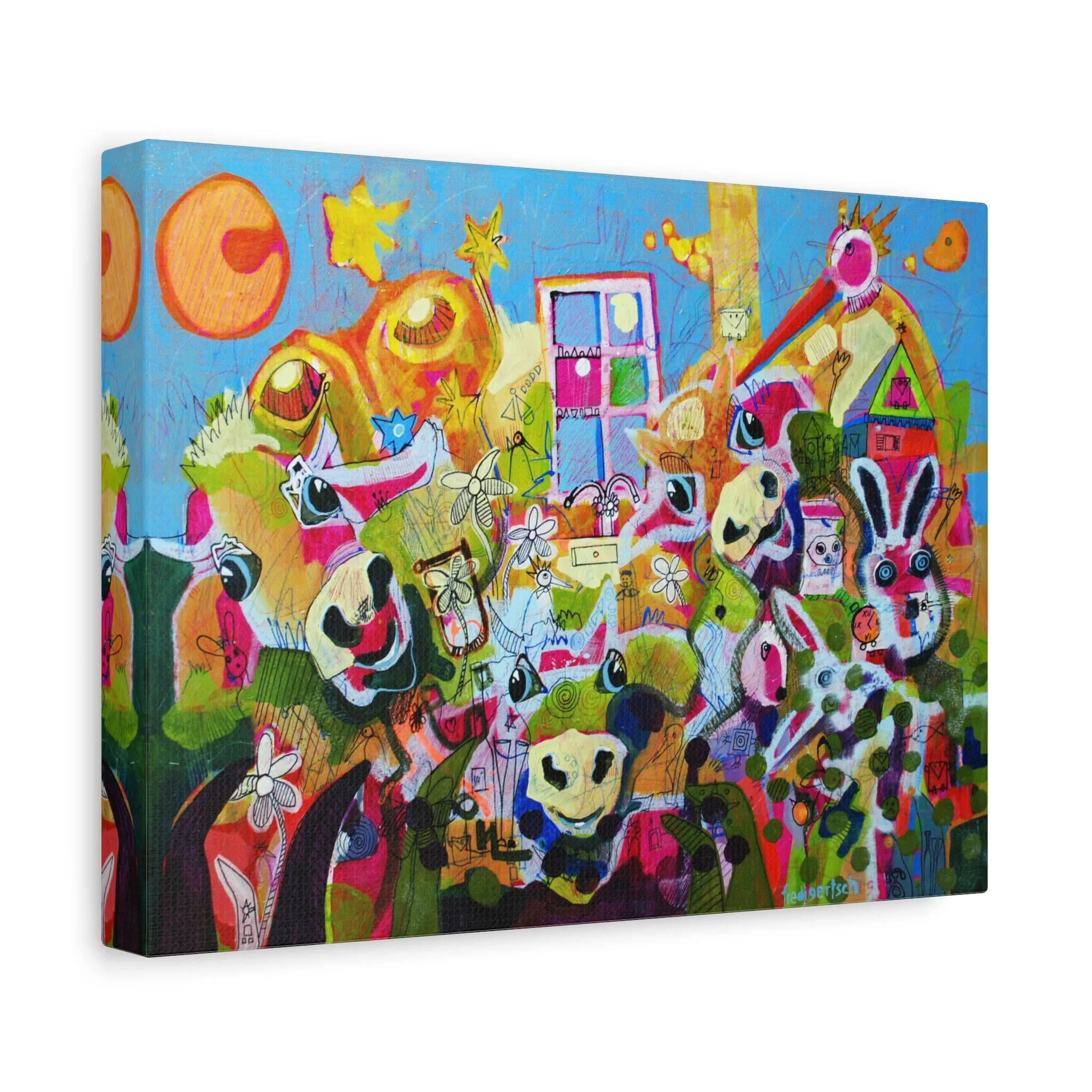 DreimalMuhPlusQ, Kunstdruck nach dem Original von Fredi Gertsch (2013), Schweizer Kunst als buntes Wimmelbild mit Kuhmotiven, Hasen, Symbolen und Häusern, Serie Highlights 2013