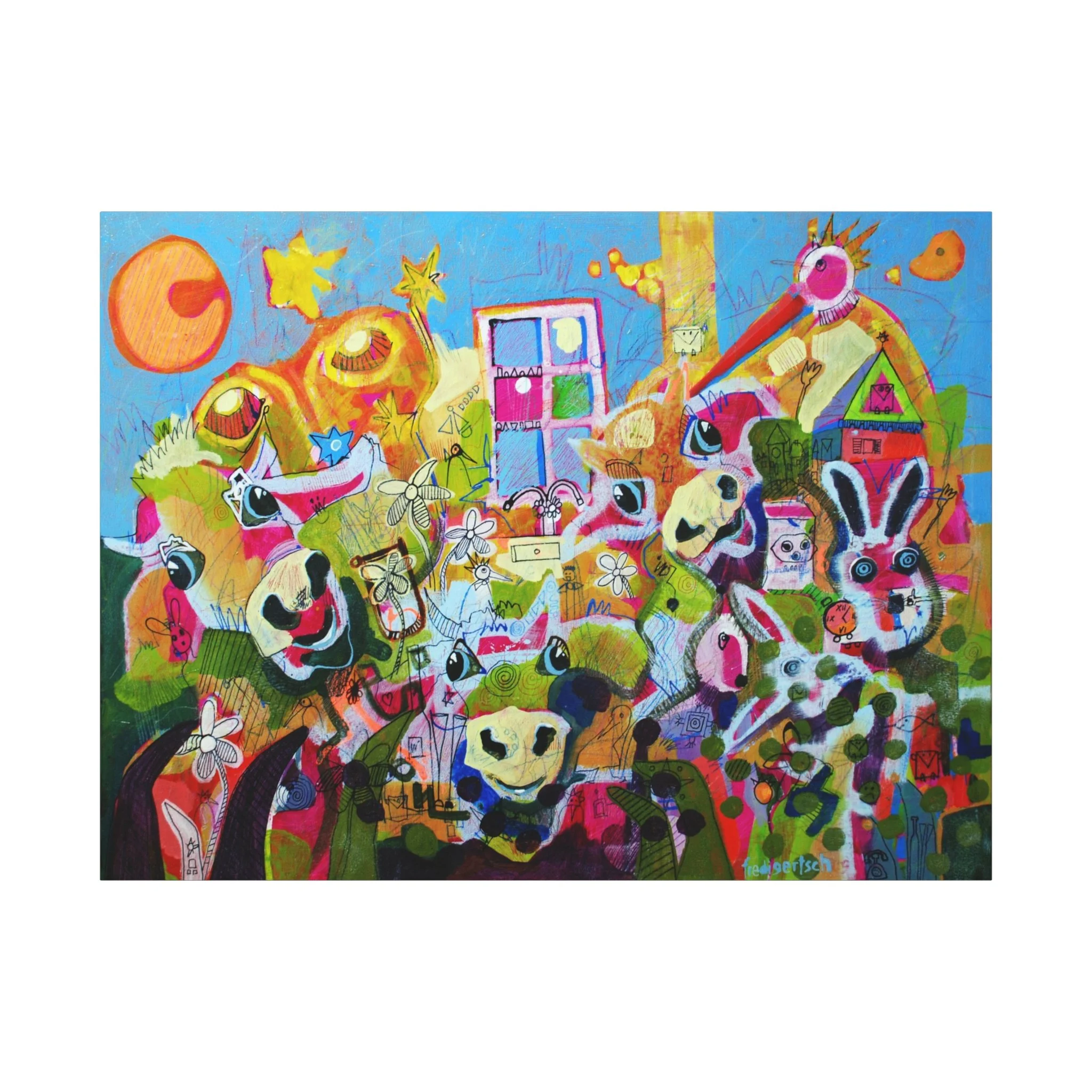 DreimalMuhPlusQ, Kunstdruck nach dem Original von Fredi Gertsch (2013), Schweizer Kunst als buntes Wimmelbild mit Kuhmotiven, Hasen, Symbolen und Häusern, Serie Highlights 2013