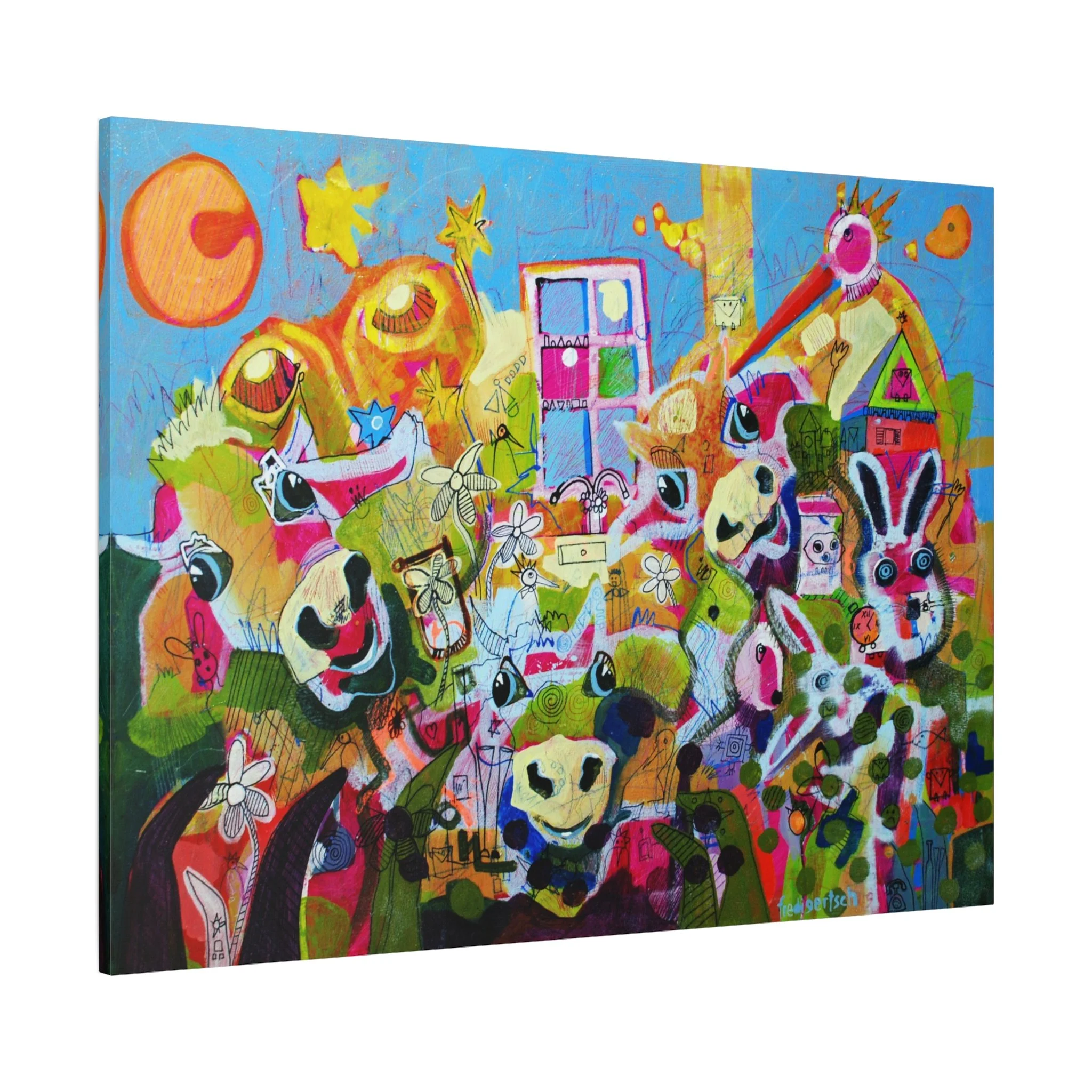 DreimalMuhPlusQ, Kunstdruck nach dem Original von Fredi Gertsch (2013), Schweizer Kunst als buntes Wimmelbild mit Kuhmotiven, Hasen, Symbolen und Häusern, Serie Highlights 2013