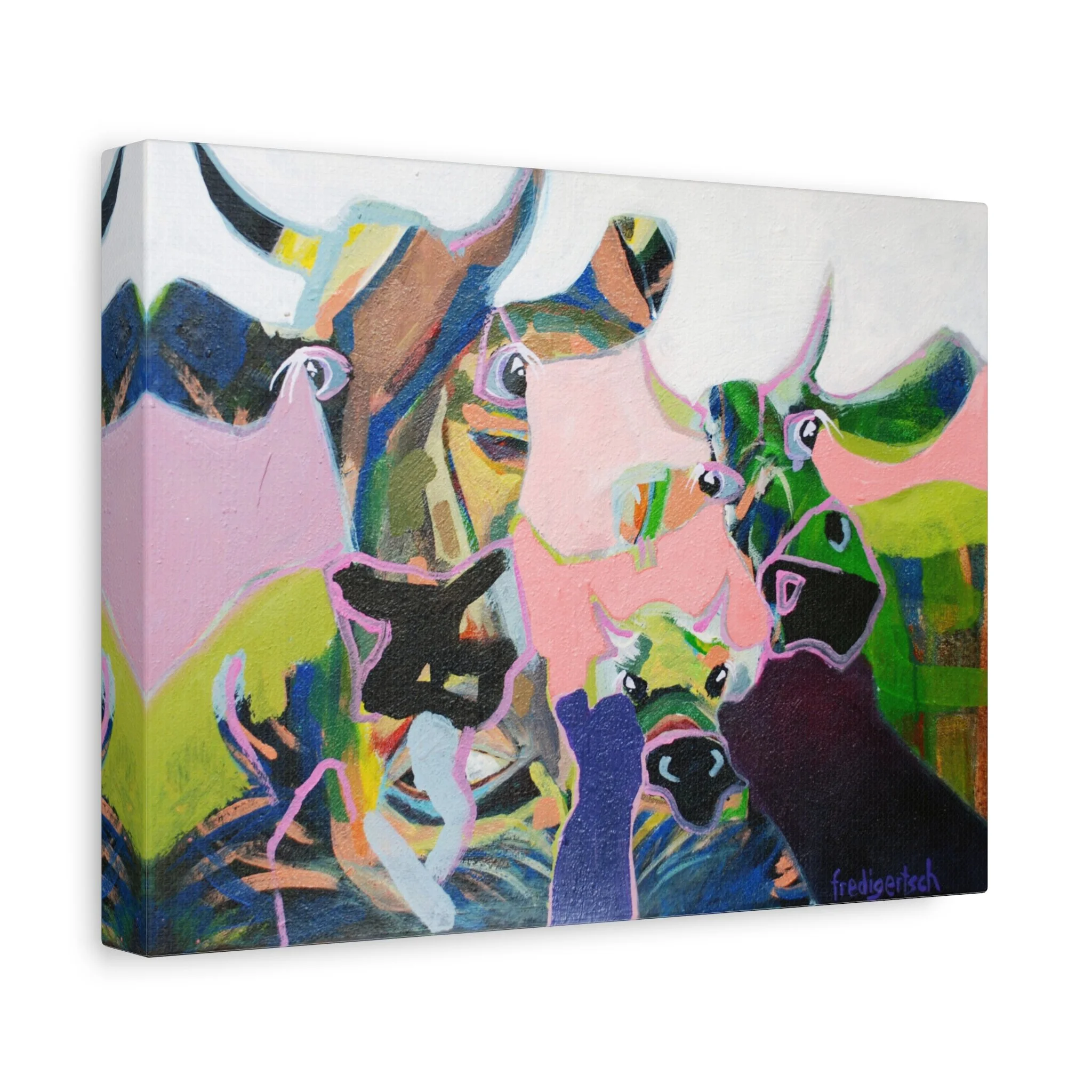 Kalberei, Kunstdruck nach dem Original von Fredi Gertsch (2013), Schweizer Kunst mit mehreren Kuhköpfen in ruhigen Pastellfarben und Herden-Nähe, Serie Highlights 2013