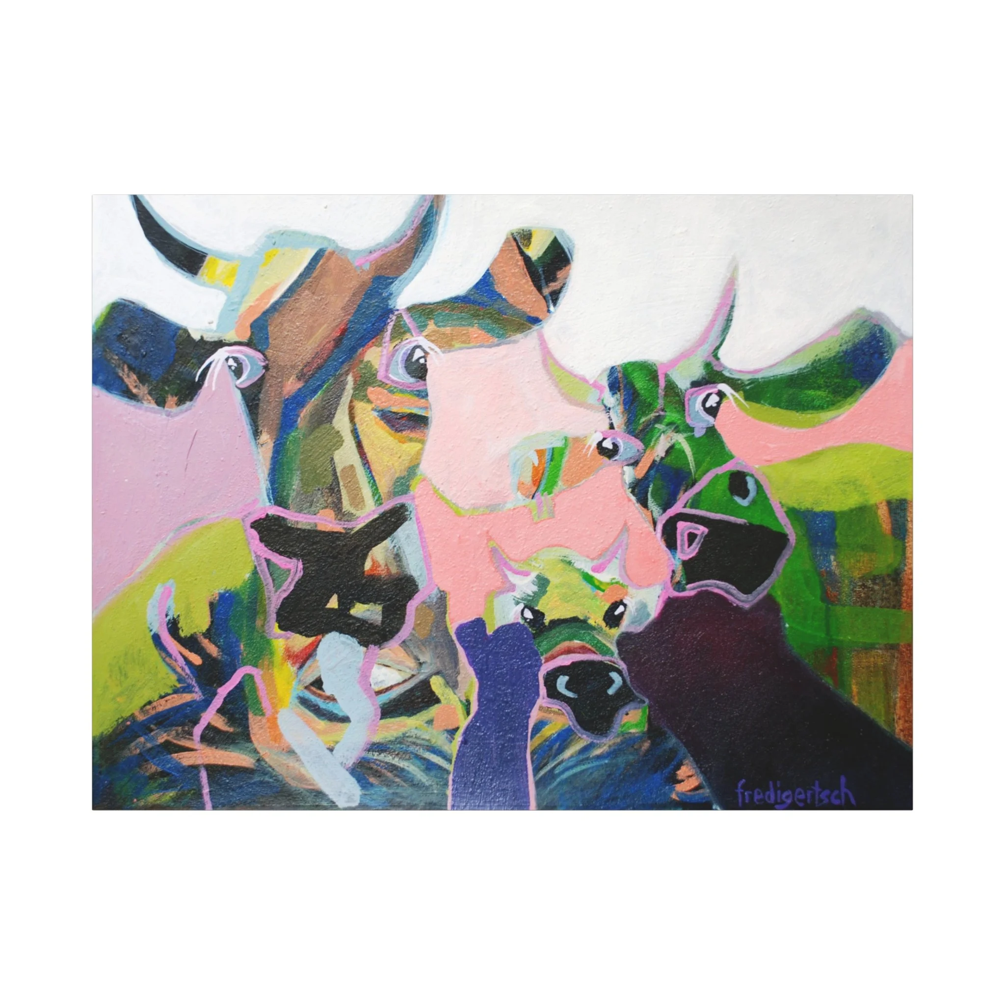 Kalberei, Kunstdruck nach dem Original von Fredi Gertsch (2013), Schweizer Kunst mit mehreren Kuhköpfen in ruhigen Pastellfarben und Herden-Nähe, Serie Highlights 2013