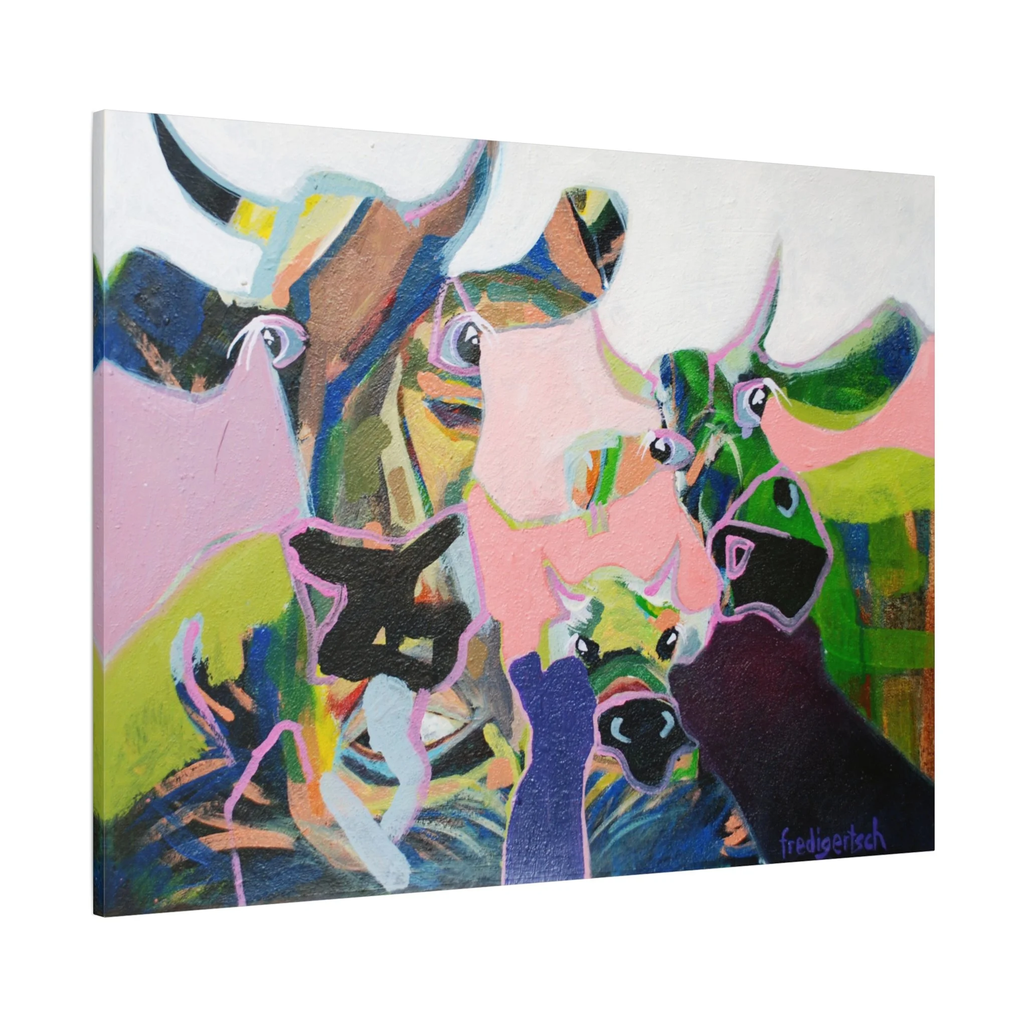 Kalberei, Kunstdruck nach dem Original von Fredi Gertsch (2013), Schweizer Kunst mit mehreren Kuhköpfen in ruhigen Pastellfarben und Herden-Nähe, Serie Highlights 2013