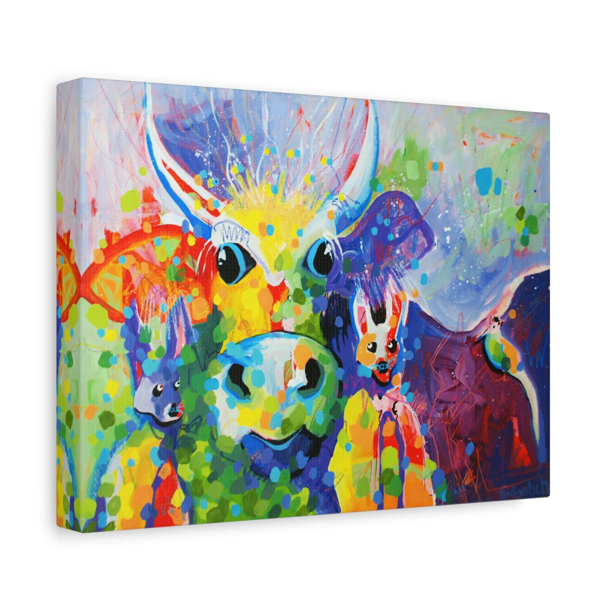 Ménage à trois, Kunstdruck nach dem Original von Fredi Gertsch (2013), Schweizer Kunst mit drei Tier- bzw. Kuhköpfen in intensiven Farben mit Punkten und Farbspritzern, Serie Highlights 2013