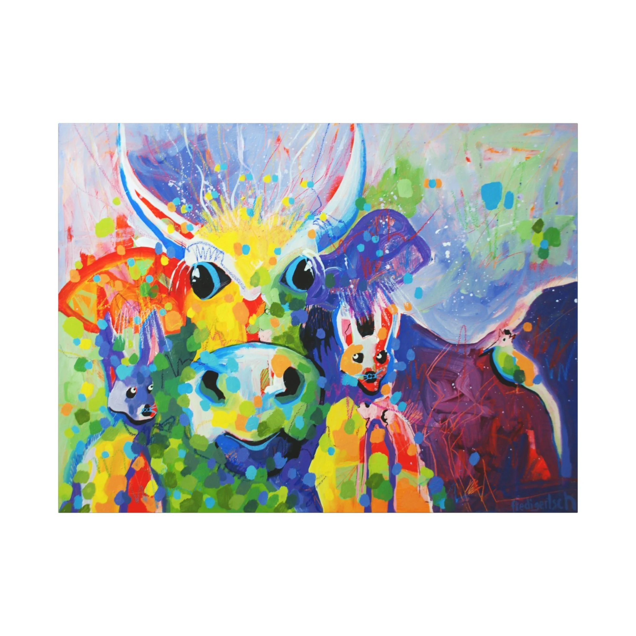 Ménage à trois, Kunstdruck nach dem Original von Fredi Gertsch (2013), Schweizer Kunst mit drei Tier- bzw. Kuhköpfen in intensiven Farben mit Punkten und Farbspritzern, Serie Highlights 2013