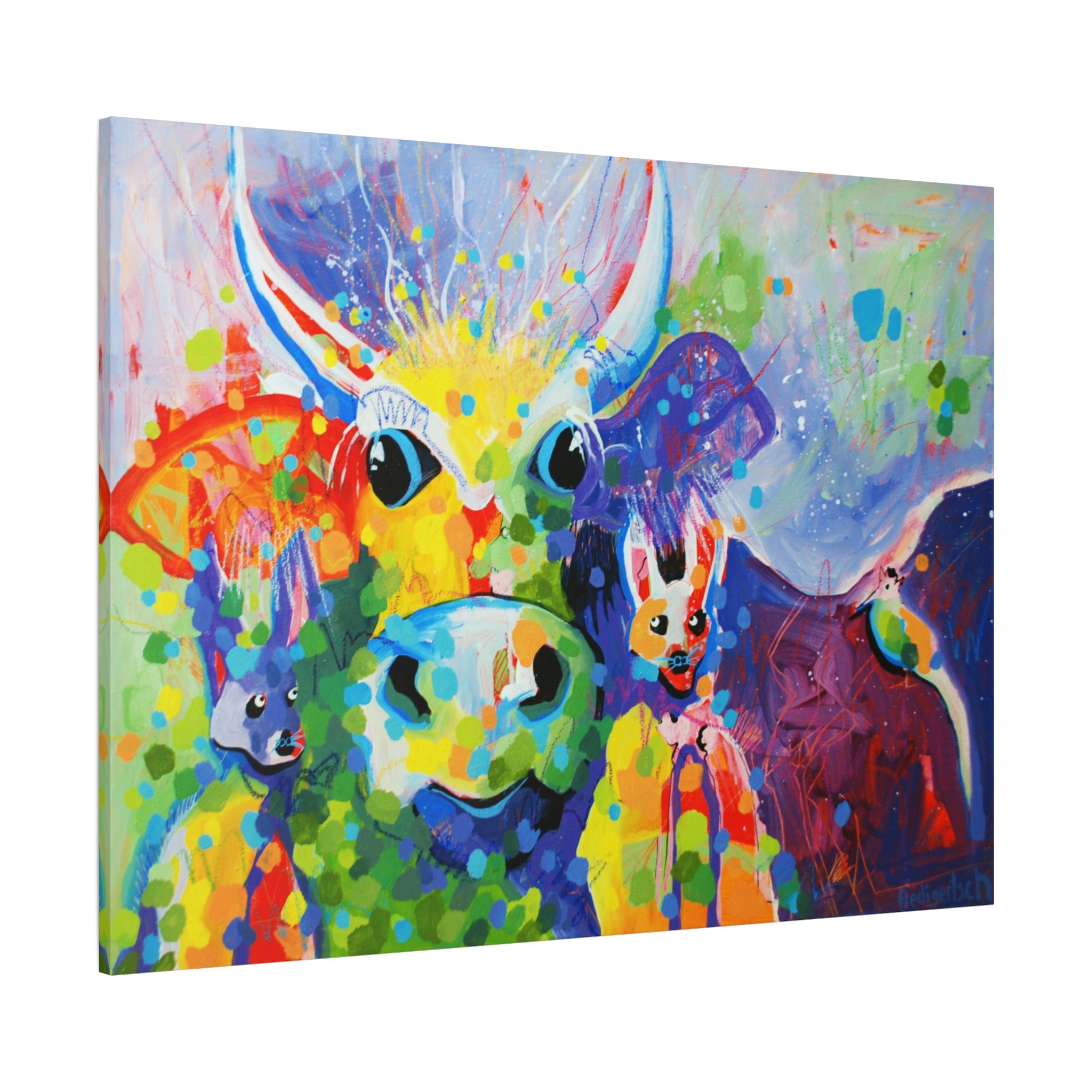 Ménage à trois, Kunstdruck nach dem Original von Fredi Gertsch (2013), Schweizer Kunst mit drei Tier- bzw. Kuhköpfen in intensiven Farben mit Punkten und Farbspritzern, Serie Highlights 2013