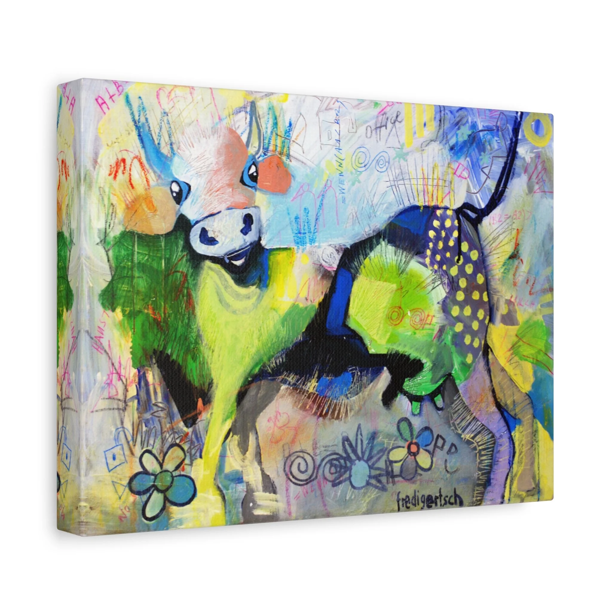 Lolita von der Weide, Kunstdruck nach dem Original von Fredi Gertsch (2013), Schweizer Kunst mit Kuhmotiv in Grün und Blau mit Collage-Elementen, Punkten und Blumen, Serie Highlights 2013