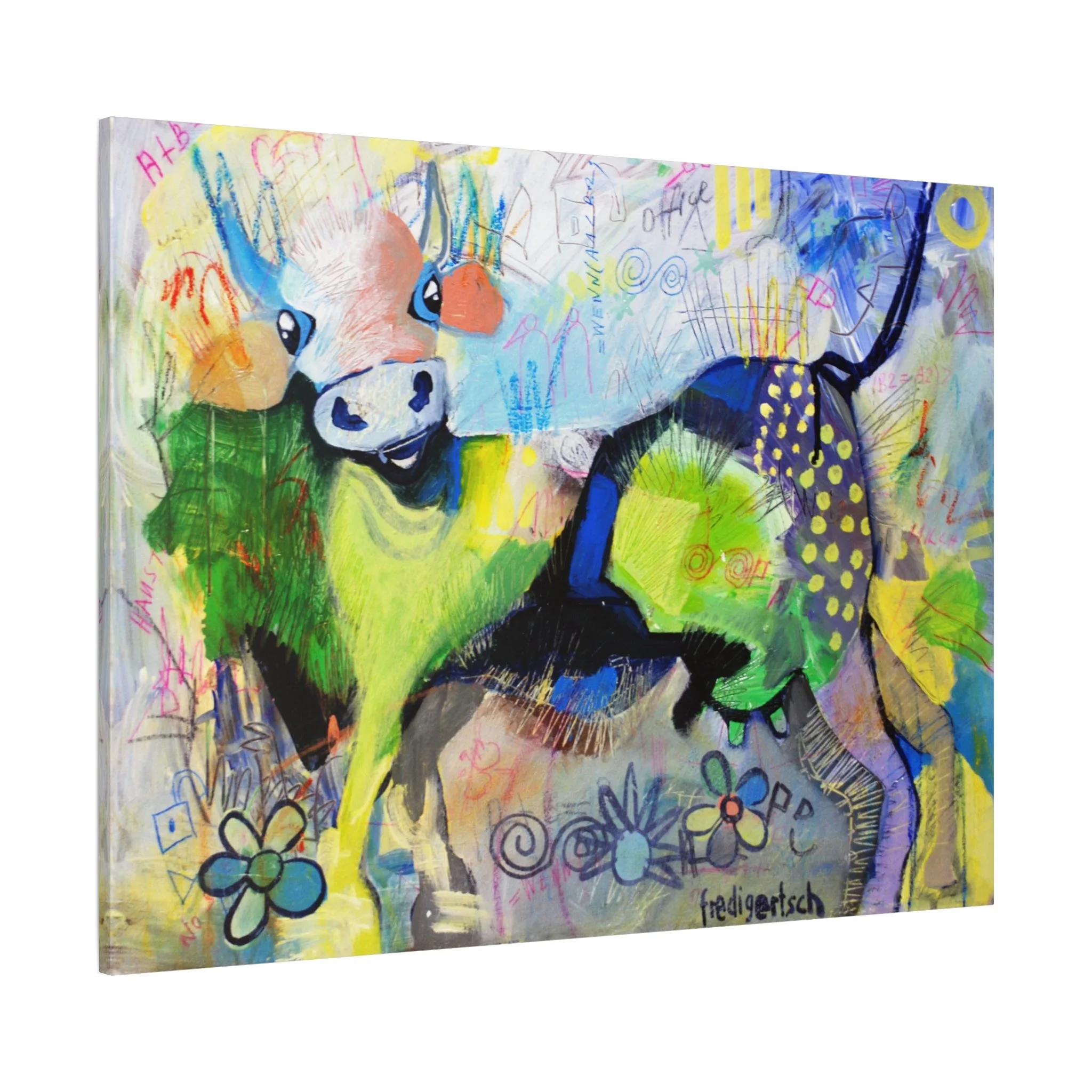 Lolita von der Weide, Kunstdruck nach dem Original von Fredi Gertsch (2013), Schweizer Kunst mit Kuhmotiv in Grün und Blau mit Collage-Elementen, Punkten und Blumen, Serie Highlights 2013