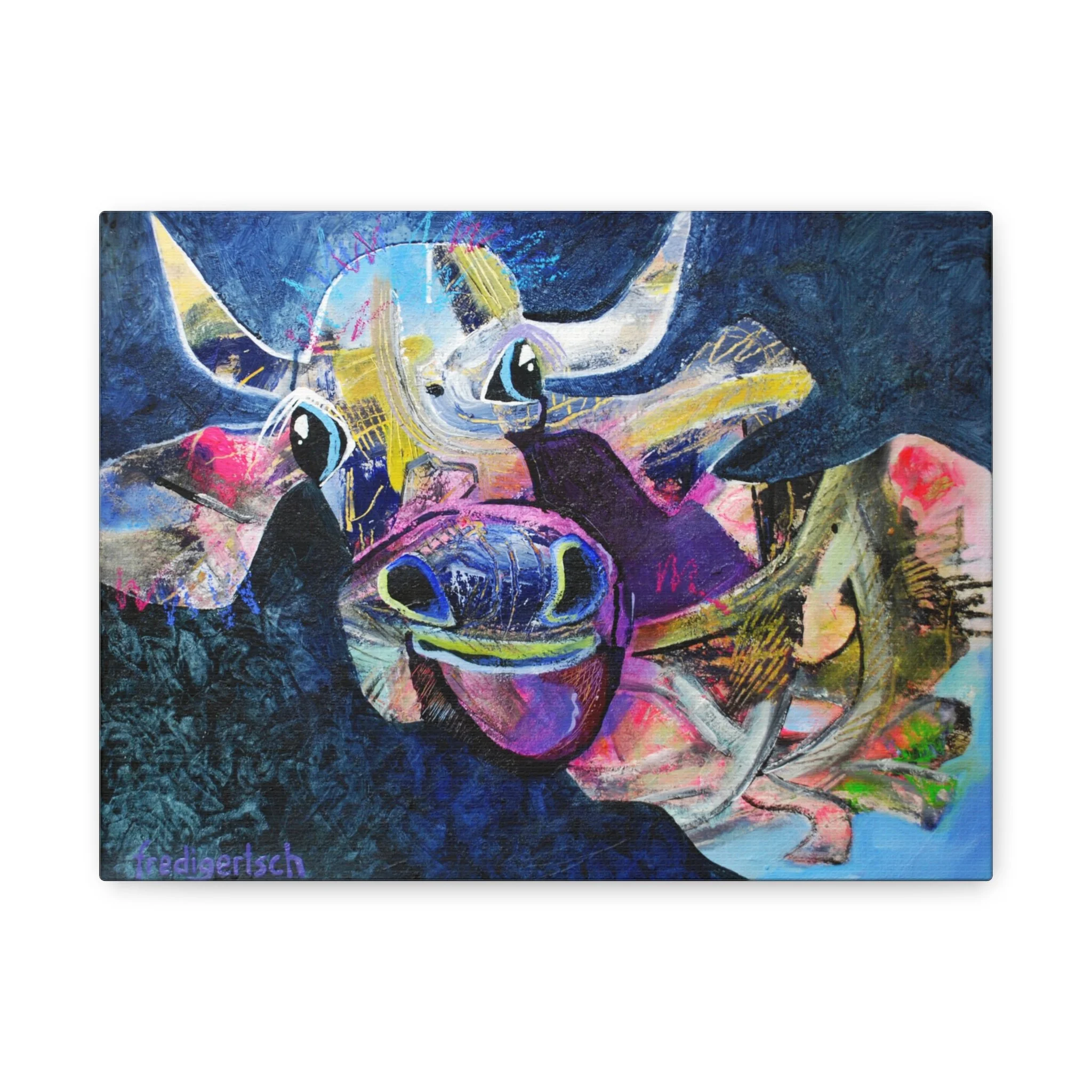 Kuhle Nacht, Kunstdruck nach dem Original von Fredi Gertsch (2013), Schweizer Kunst mit Kuhmotiv in dunkler Nachtstimmung und tiefem Blau, Serie Highlights 2013