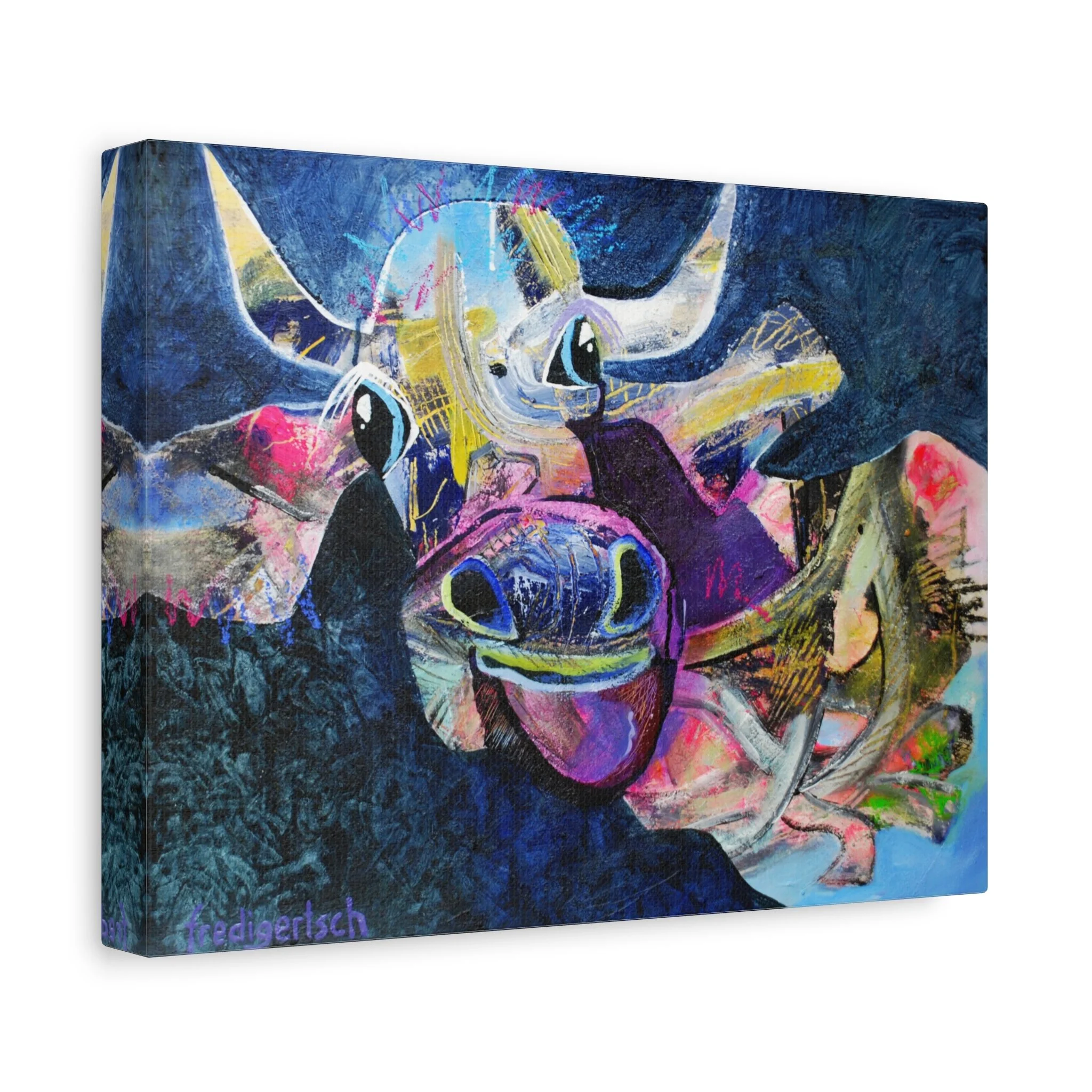 Kuhle Nacht, Kunstdruck nach dem Original von Fredi Gertsch (2013), Schweizer Kunst mit Kuhmotiv in dunkler Nachtstimmung und tiefem Blau, Serie Highlights 2013