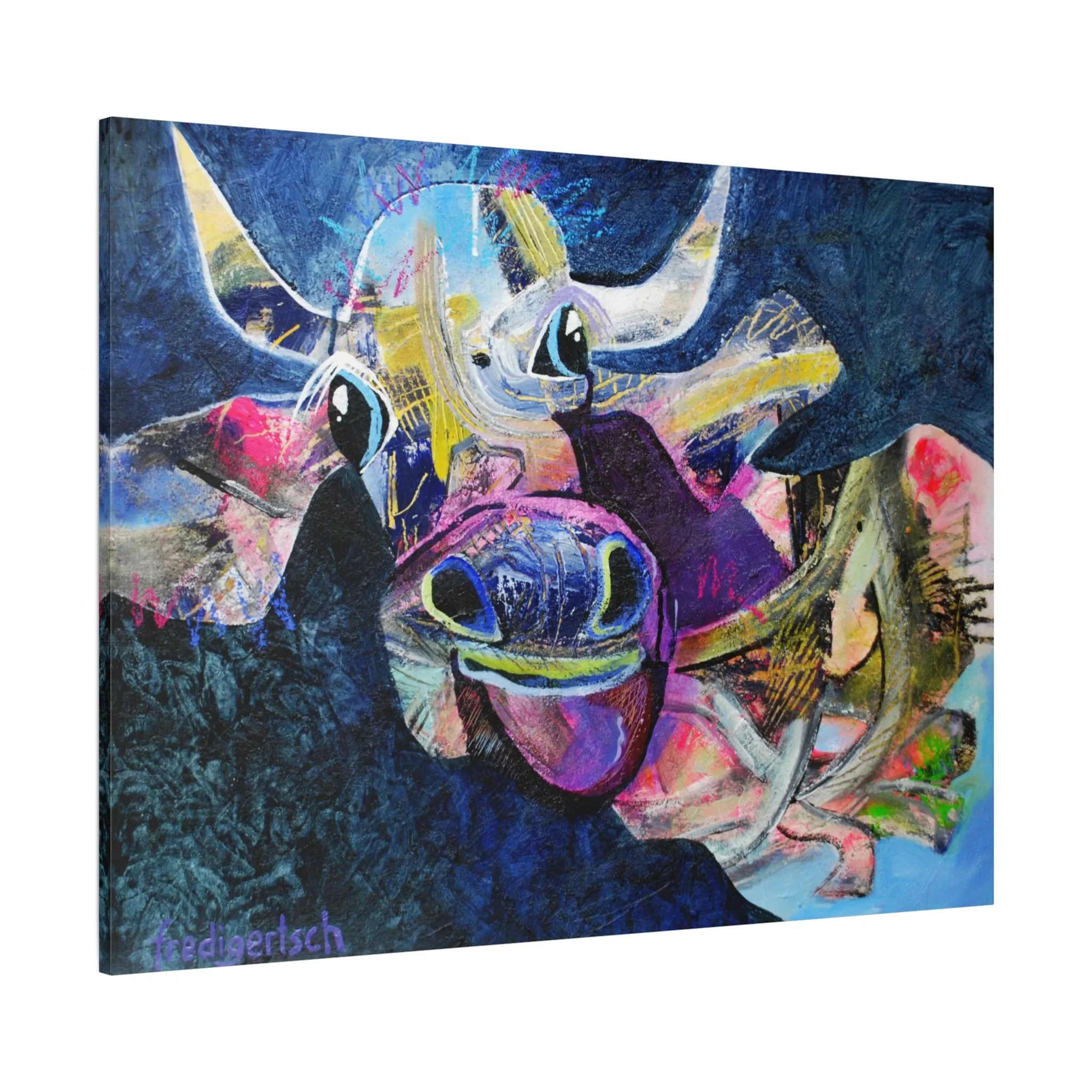 Kuhle Nacht, Kunstdruck nach dem Original von Fredi Gertsch (2013), Schweizer Kunst mit Kuhmotiv in dunkler Nachtstimmung und tiefem Blau, Serie Highlights 2013