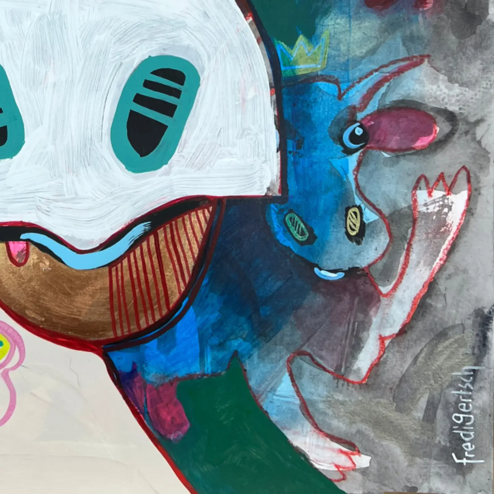 Detail Text „Ändere den Blick, ändere die Welt“, Pop Art Acrylgemälde VogelLisi, Fredi Gertsch, 2026