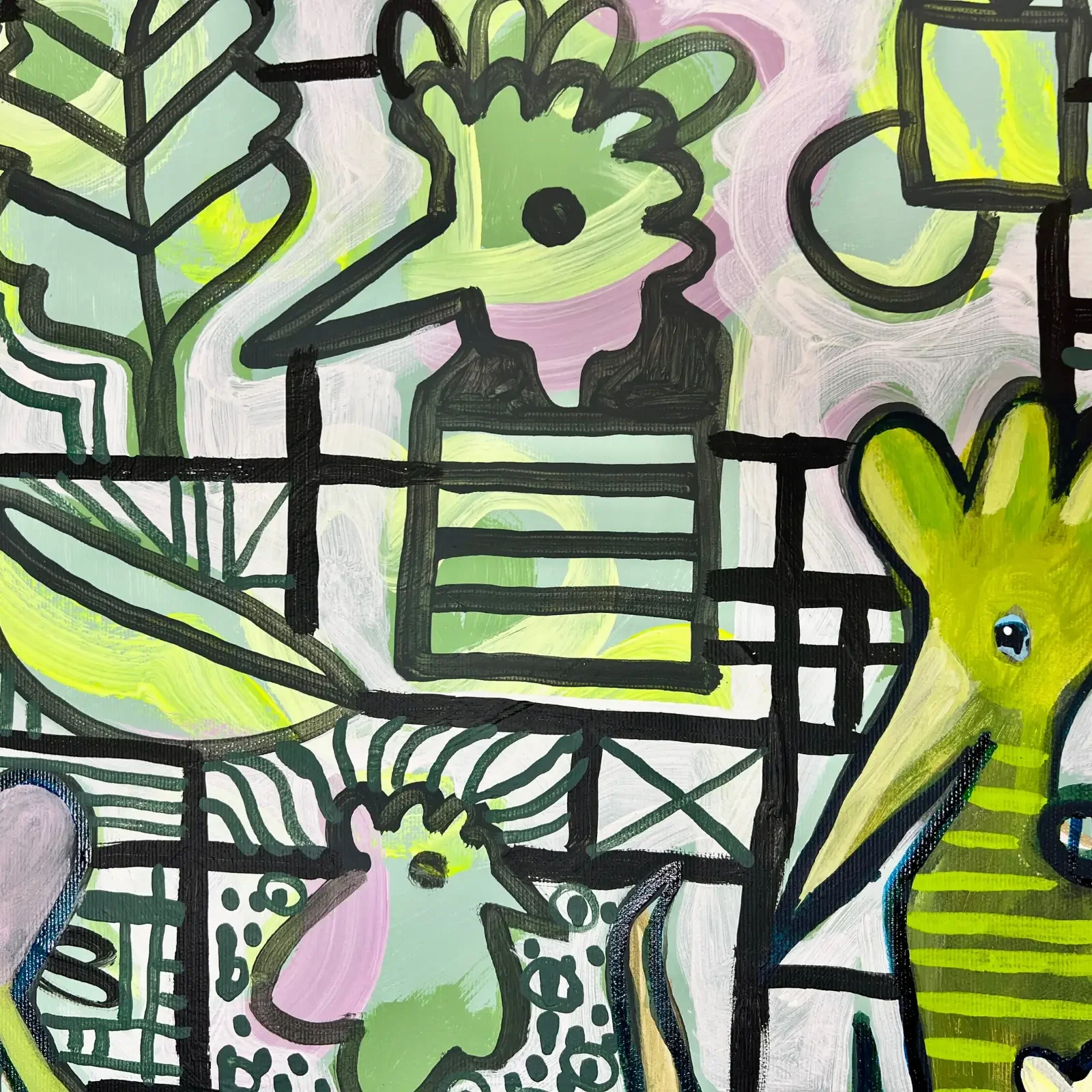 Detail grafische Linien, Symbole und Farbakzente, Pop Art Acrylgemälde With A Little Help From My Friends – Green Groove, Fredi Gertsch, 2026