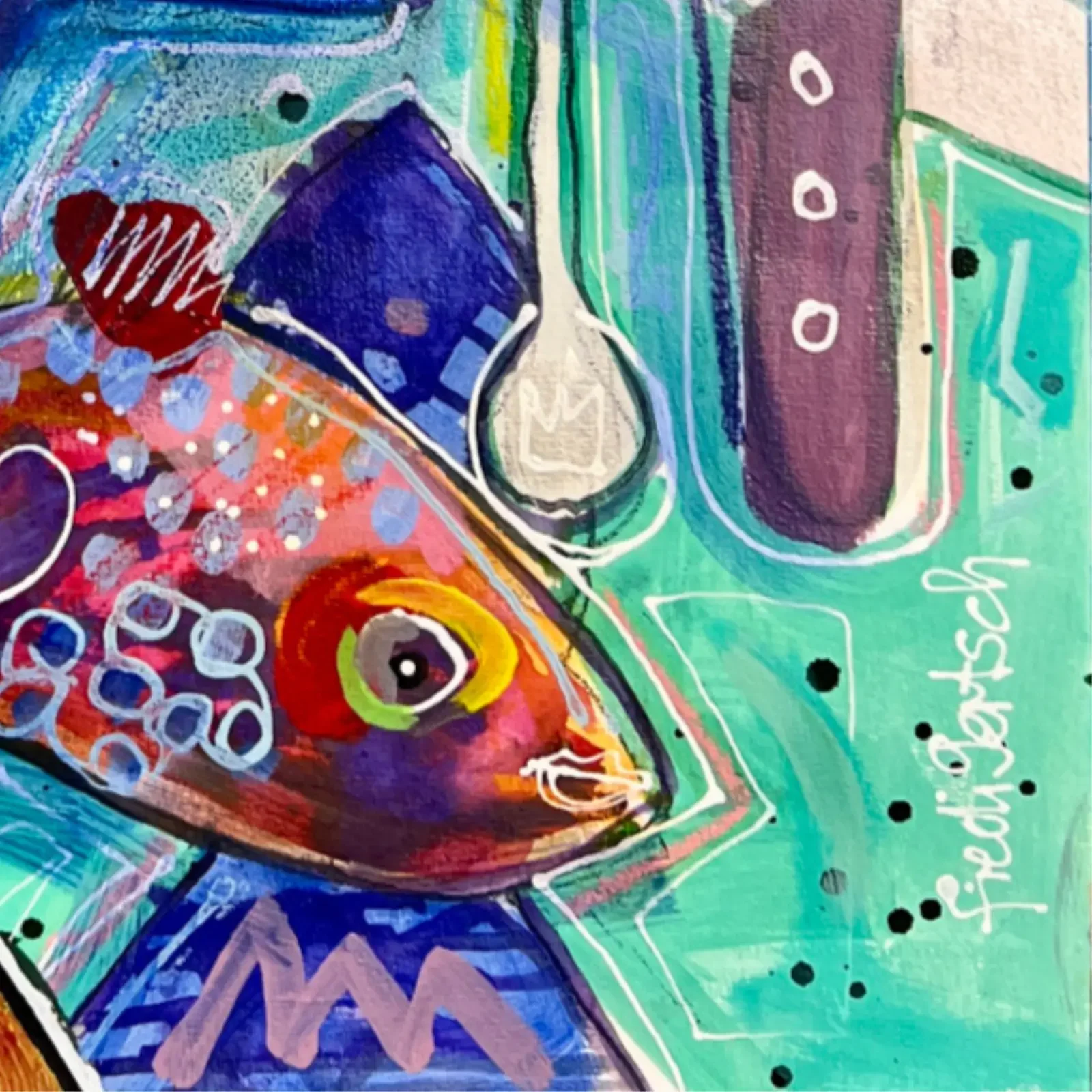 Detail bunter Fisch und Signatur, Pop Art Acrylgemälde VogelLisi – Strawberry Fields, Fredi Gertsch, 2026