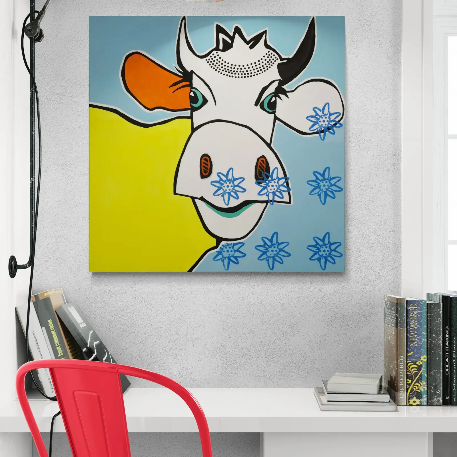 VogelLisi – Edelweiss, Pop Art Acrylgemälde als Wandbild im modernen Raum, Schweizer Kunst, 2019