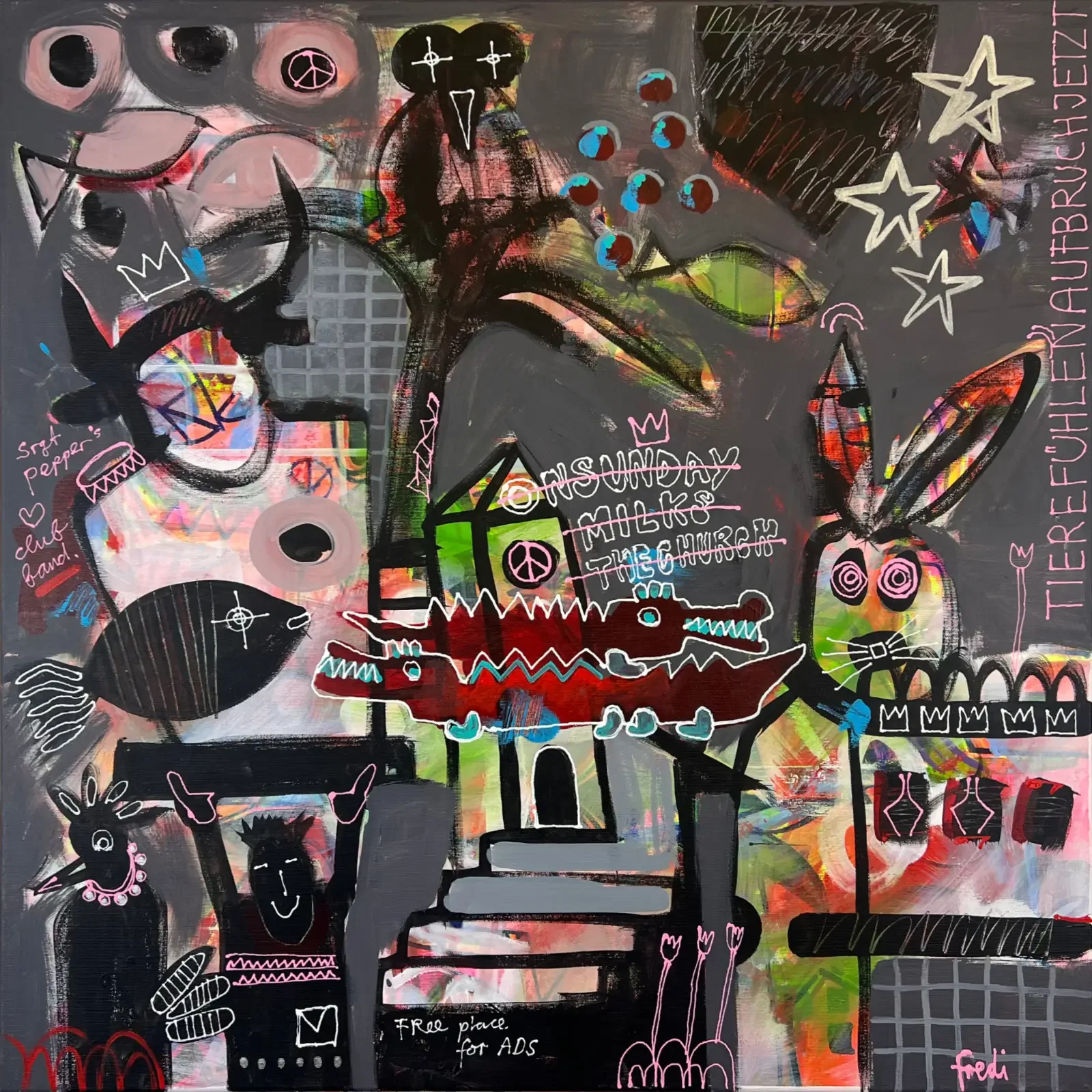 Free Place For Ads, Pop Art Acrylgemälde mit Tieren, Sternen und Collage-Elementen von Fredi Gertsch, 2026