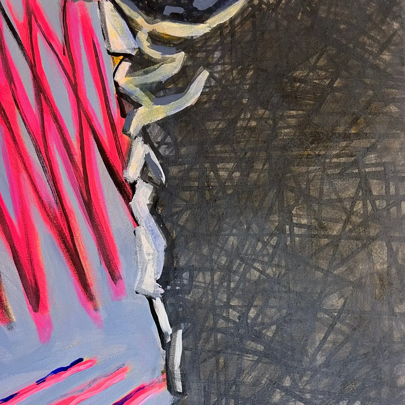 Detail abstrakte Muster und pinke Linien, Pop Art Acrylgemälde Baby Bird, Fredi Gertsch, 2023