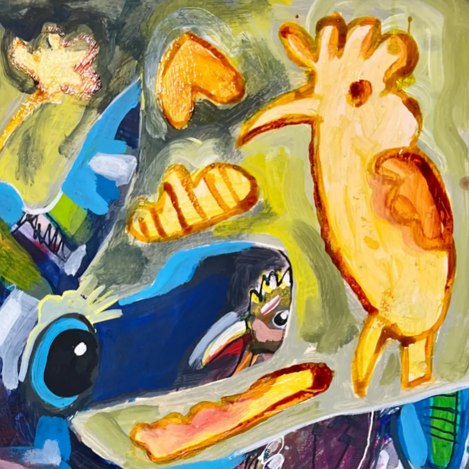 Detail goldener Vogel und florale Muster, Pop Art Acrylgemälde VogelLisi – Golden Birds, Fredi Gertsch, 2026