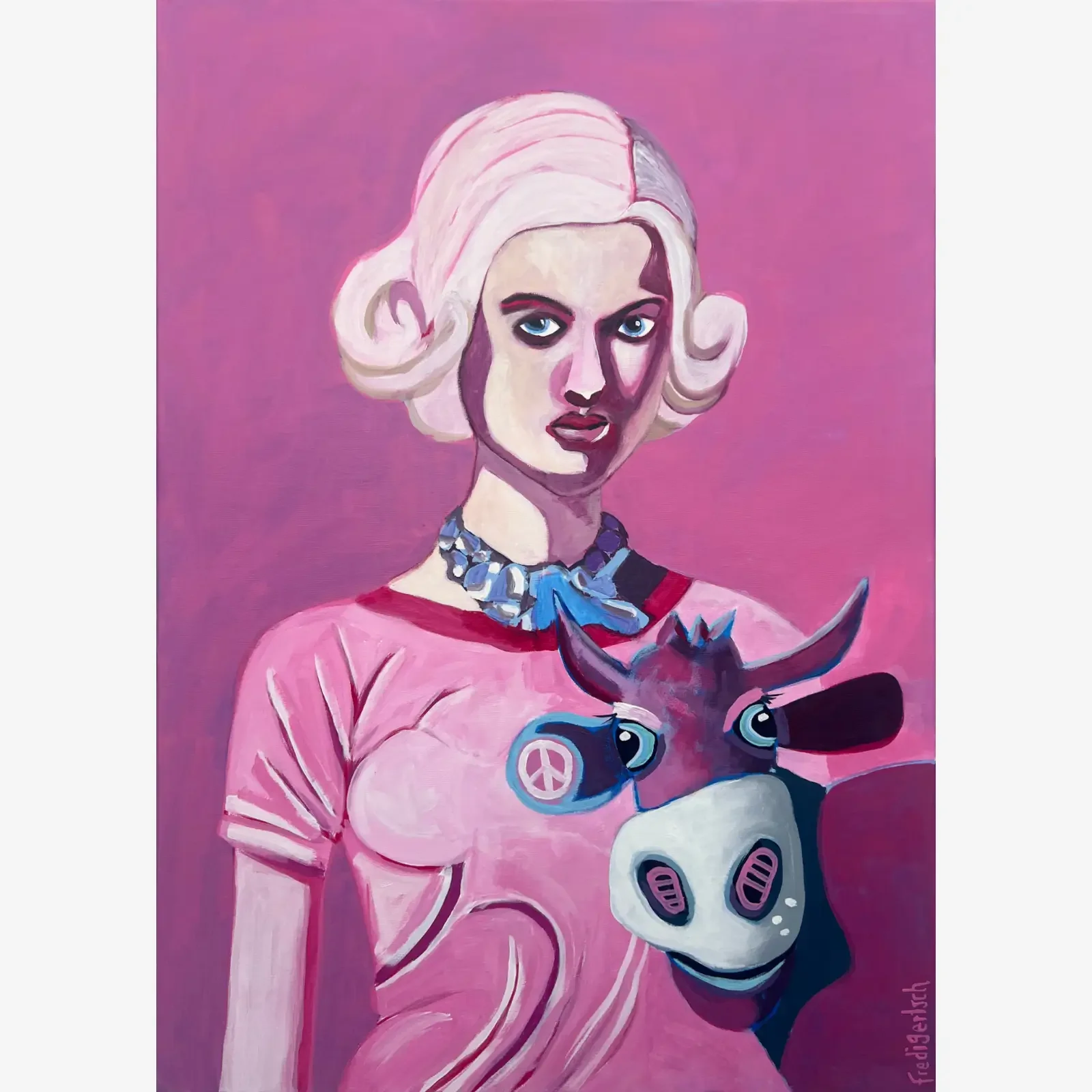Barbie & VogelLisi, Pop Art Acrylgemälde auf Leinwand 50 x 70 cm mit Frau in Pink und VogelLisi-Kuh, Fredi Gertsch, 2023