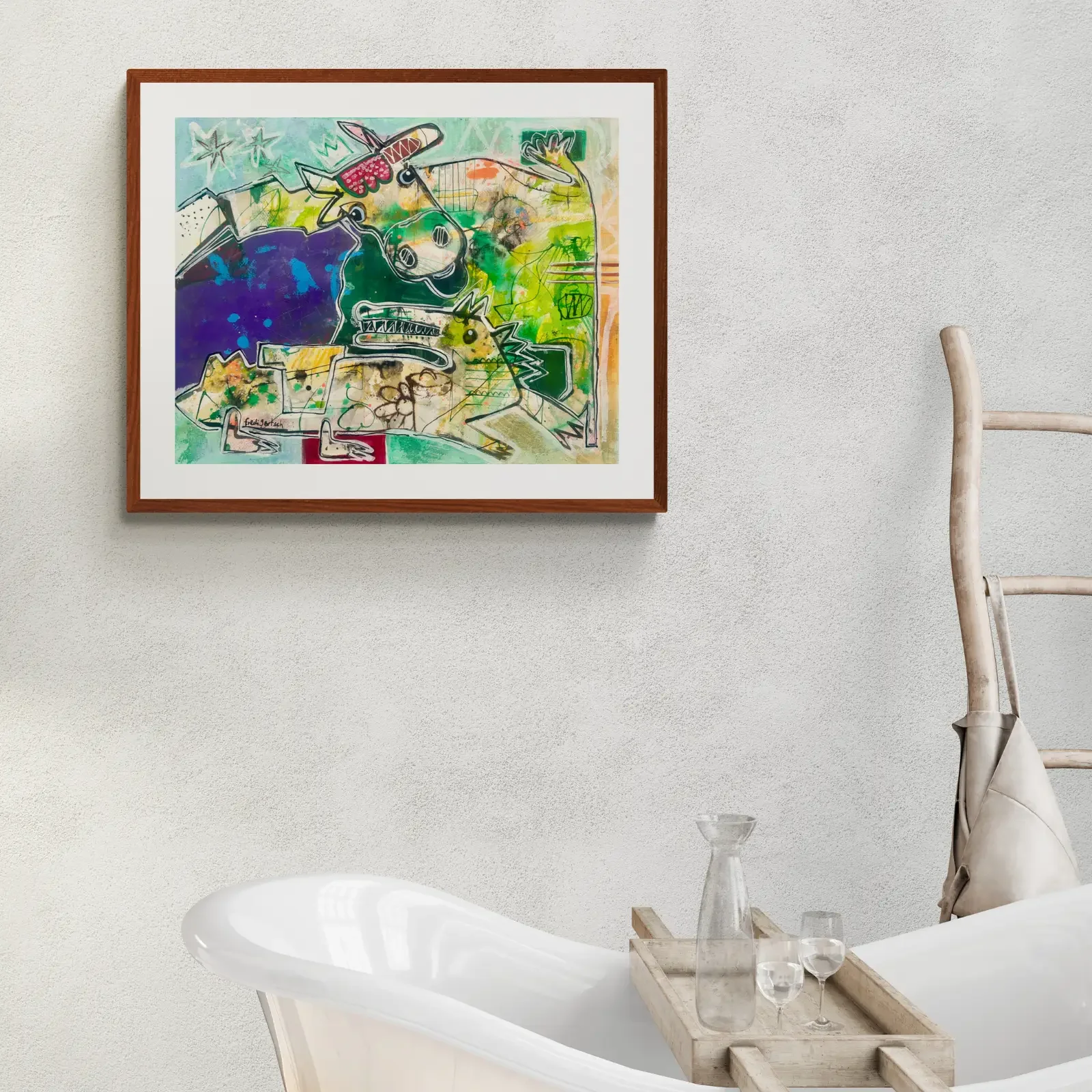 CrocoLove von Fredi Gertsch, Pop Art Acrylgemälde als Wandbild im modernen Badezimmer, 2024