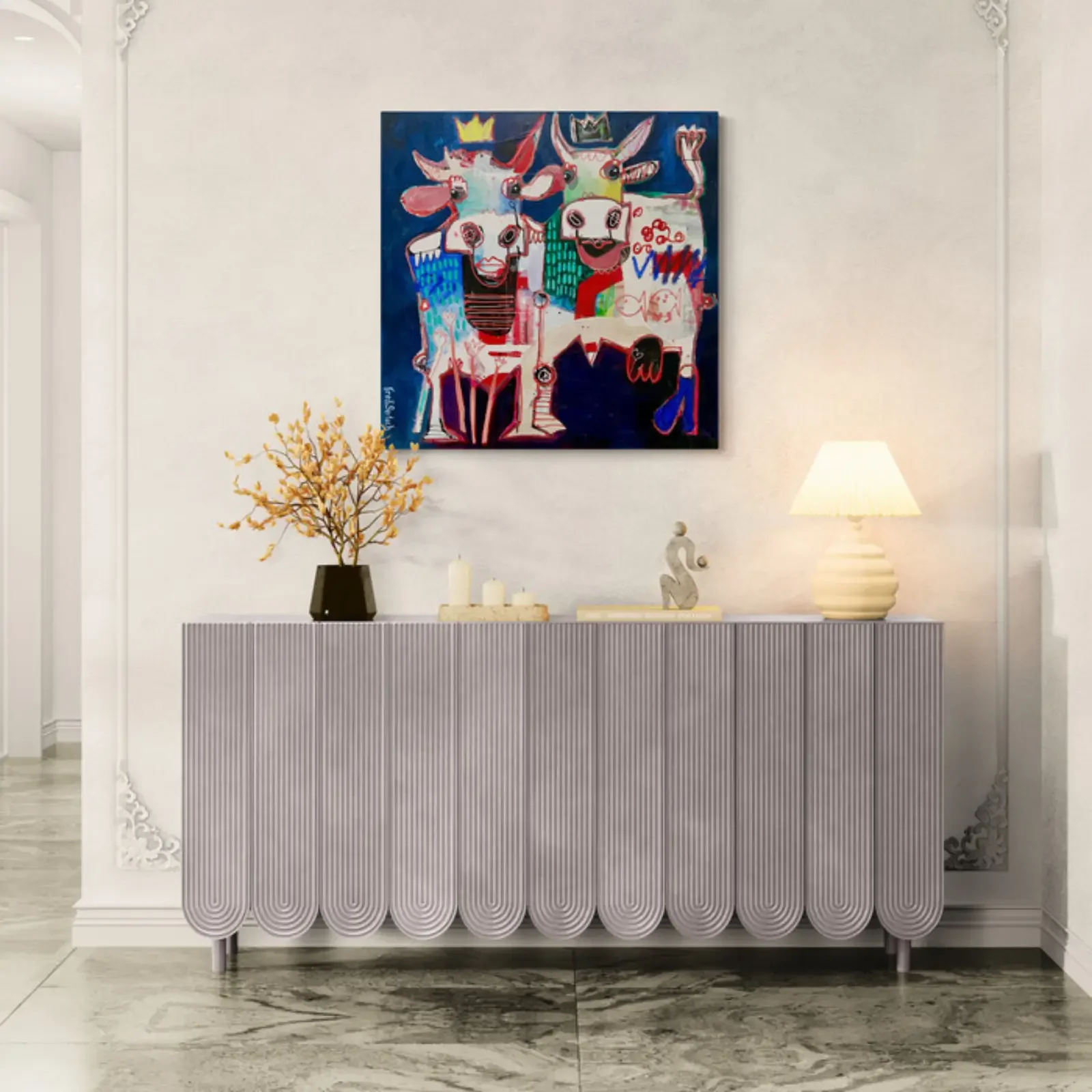 Just Us Two – Crown & Cow als Wandbild im Wohnzimmer, Original 2026 von Fredi Gertsch, Acryl Öl Collage auf Leinwand, 80x80 cm