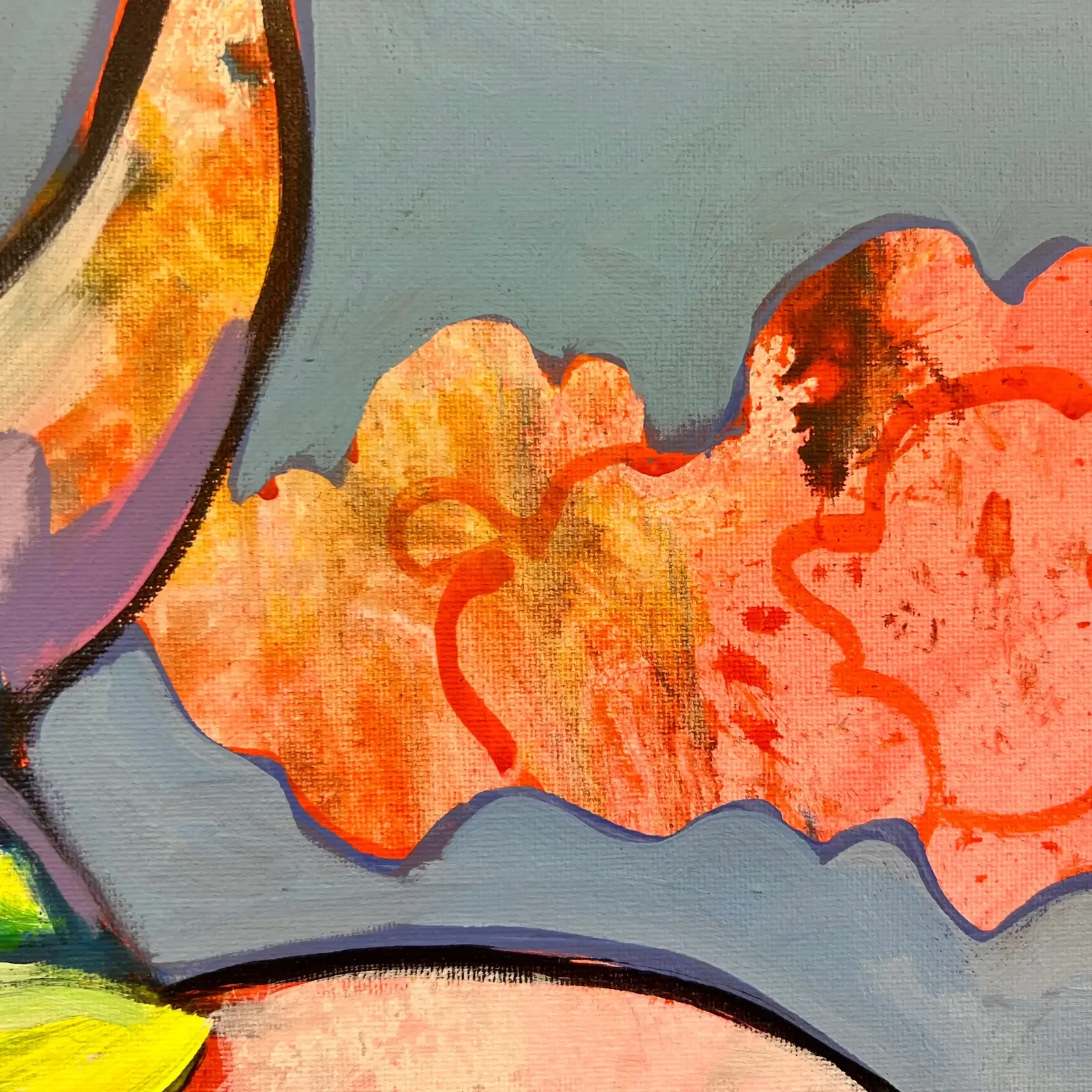 Detail orange Wolken, Pop Art Acrylgemälde VogelLisi über den Wolken, Fredi Gertsch, 2024