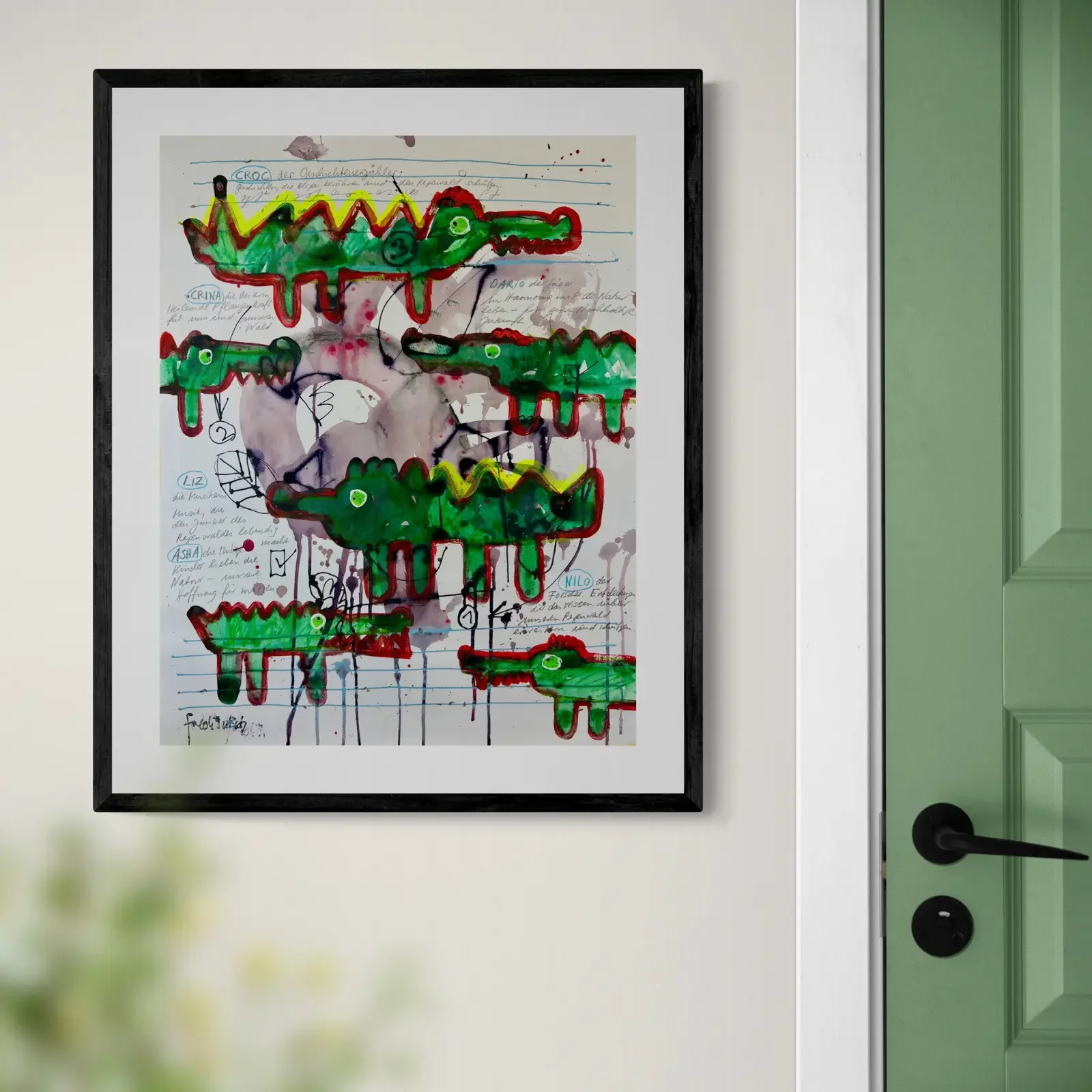 Crocodile Notes von Fredi Gertsch, Mixed Media Pop Art als Wandbild im modernen Büro, 2024