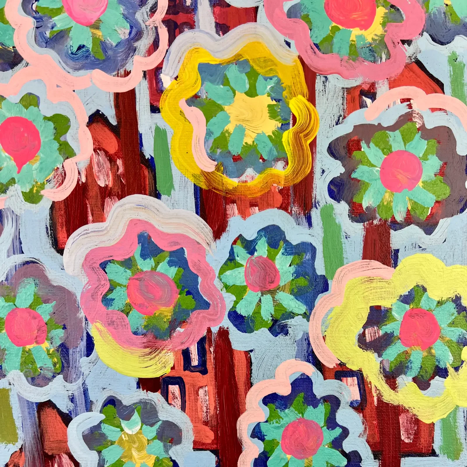 Detail bunte Blumen auf Teppich, Pop Art Acrylgemälde Tiger auf dem Teppich, Fredi Gertsch, 2024