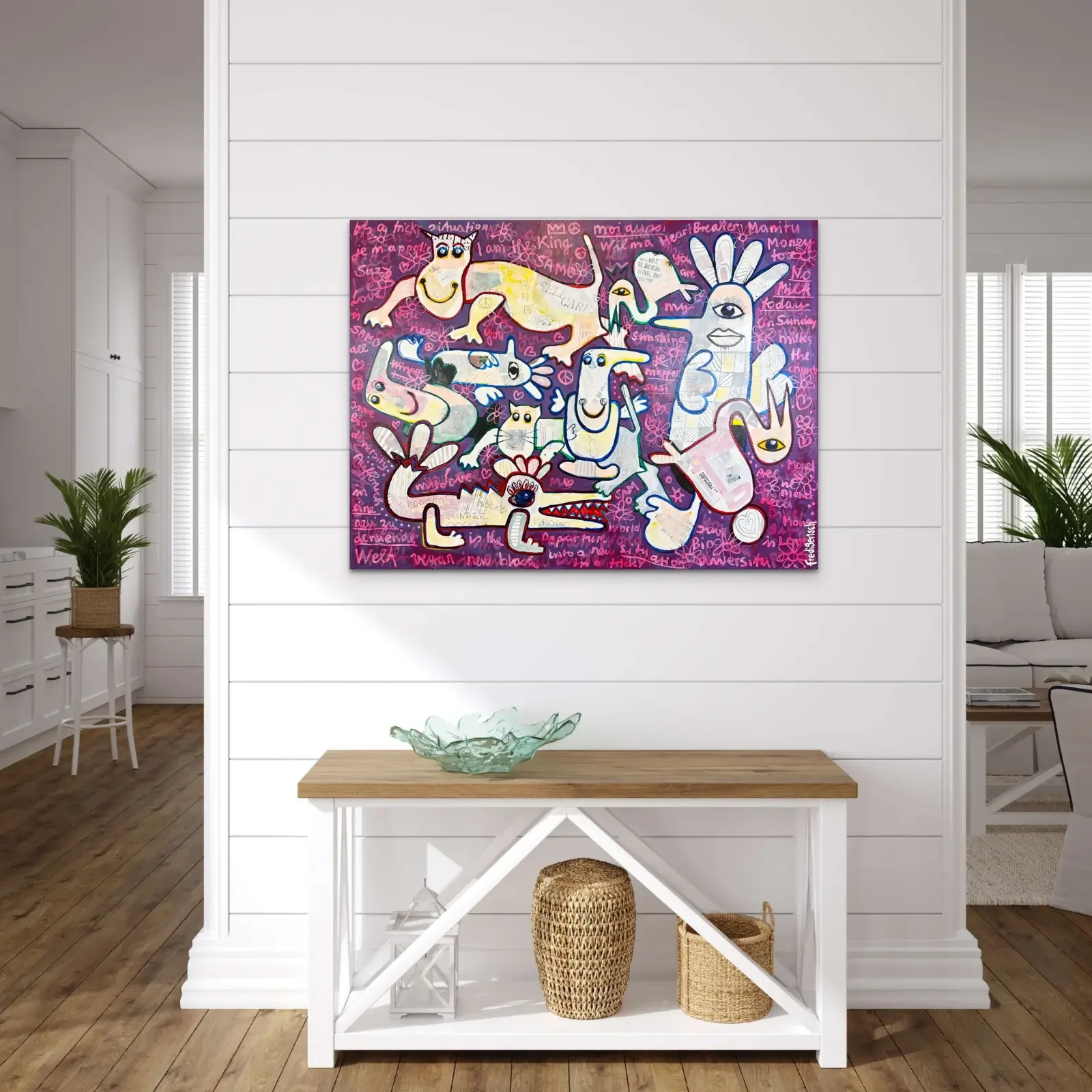 Das Leben ist wie eine Schachtel Pralinen als grosses Pop Art Wandbild im modernen Raum, 120 x 100 cm, Fredi Gertsch, 2023