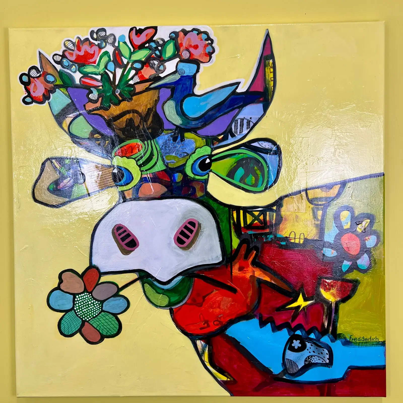 Detail VogelLisi-Kopf und Blumenstrauss, Pop Art Acryl Mixed Media VogelLisi – Sunshine Bouquet, Fredi Gertsch, 2026