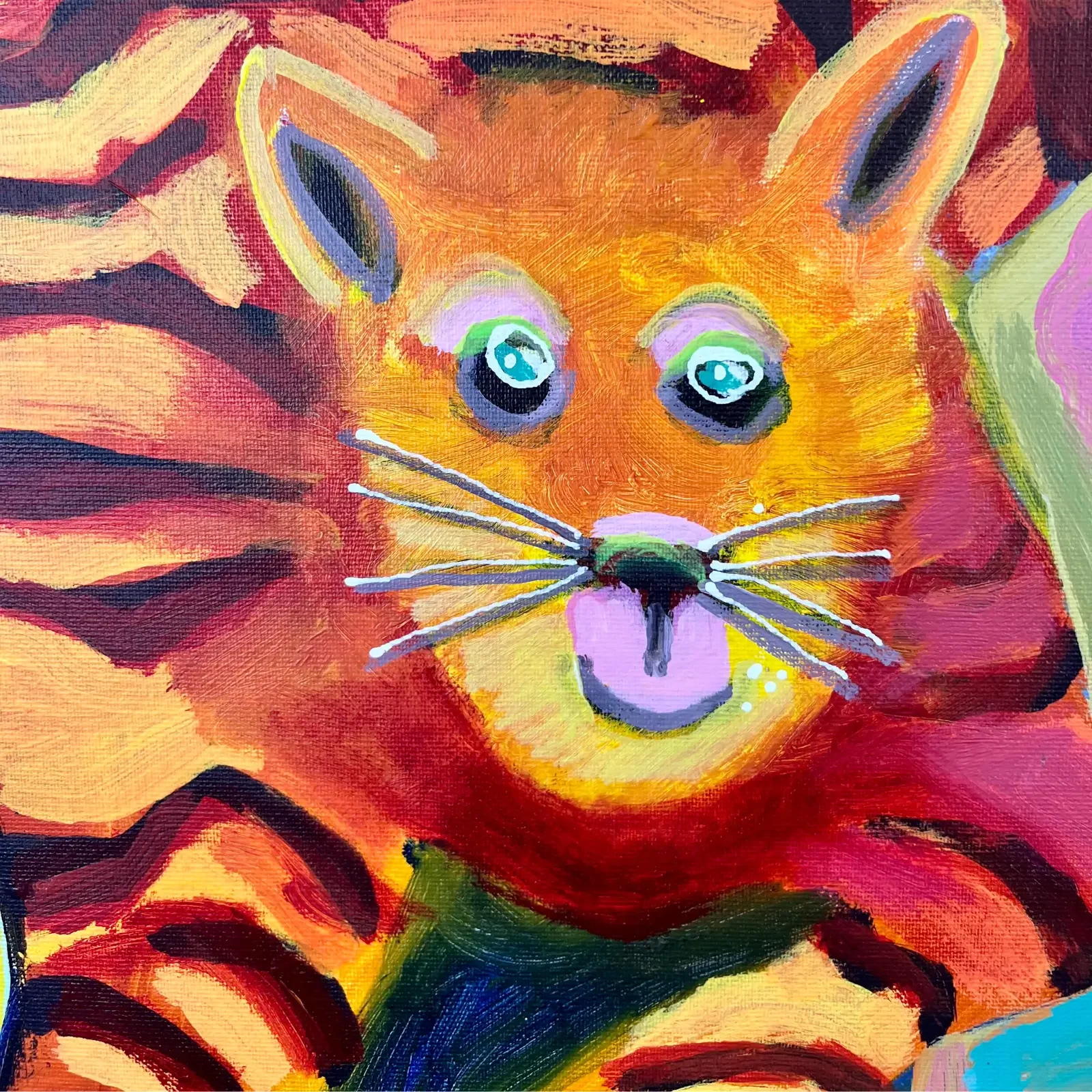 Detail Tigerkopf mit leuchtenden Farben, Pop Art Acrylgemälde Tiger auf dem Teppich, Fredi Gertsch, 2024
