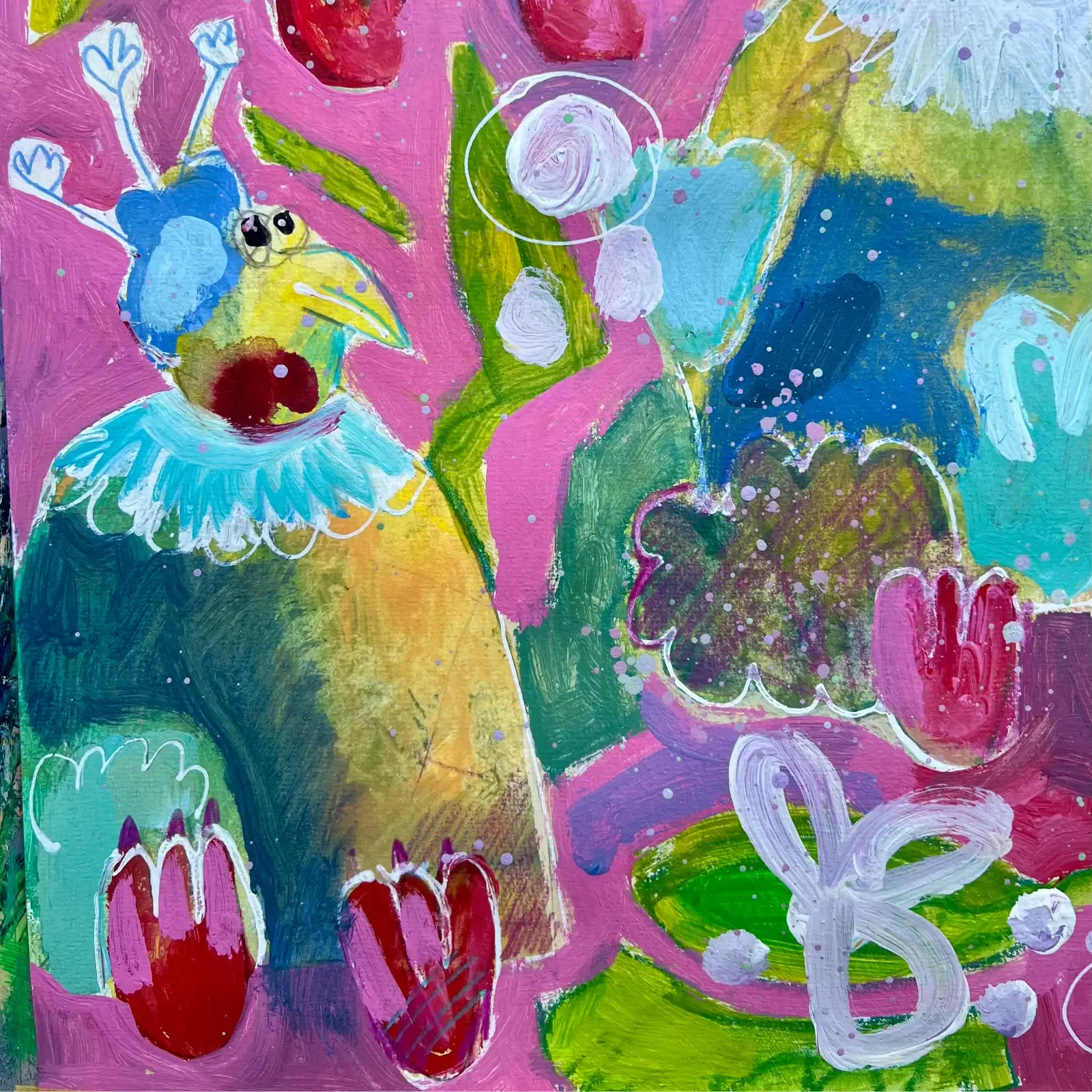 Detail Blüten und Schmetterling, Pop Art Acrylgemälde Traumvögel im Blütenmeer, Fredi Gertsch, 2024