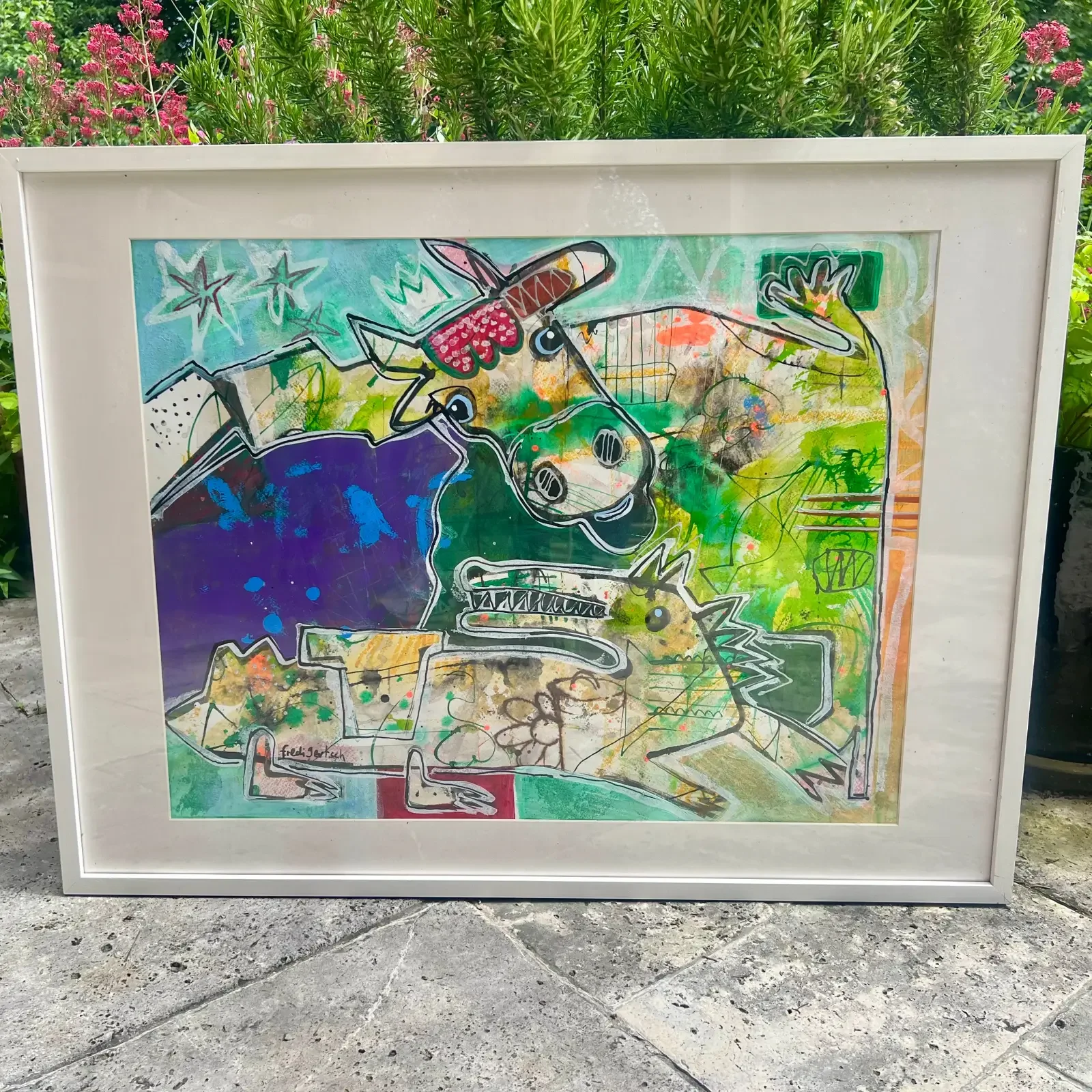 CrocoLove, Pop Art Acrylgemälde auf Papier, gerahmt im Freien ausgestellt, Fredi Gertsch, 2024