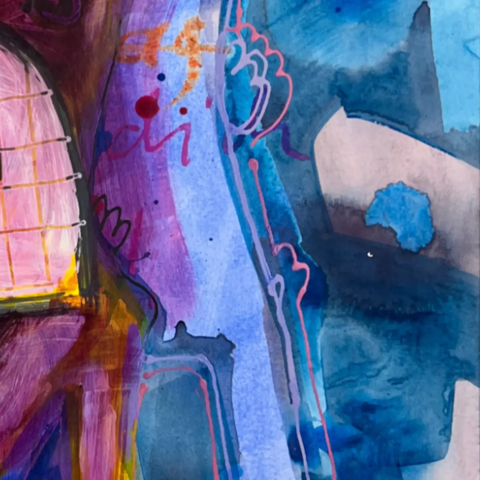 Detail pink-blaue Farbakzente, Pop Art Acrylgemälde VogelLisi – Pink Royal, Fredi Gertsch, 2026