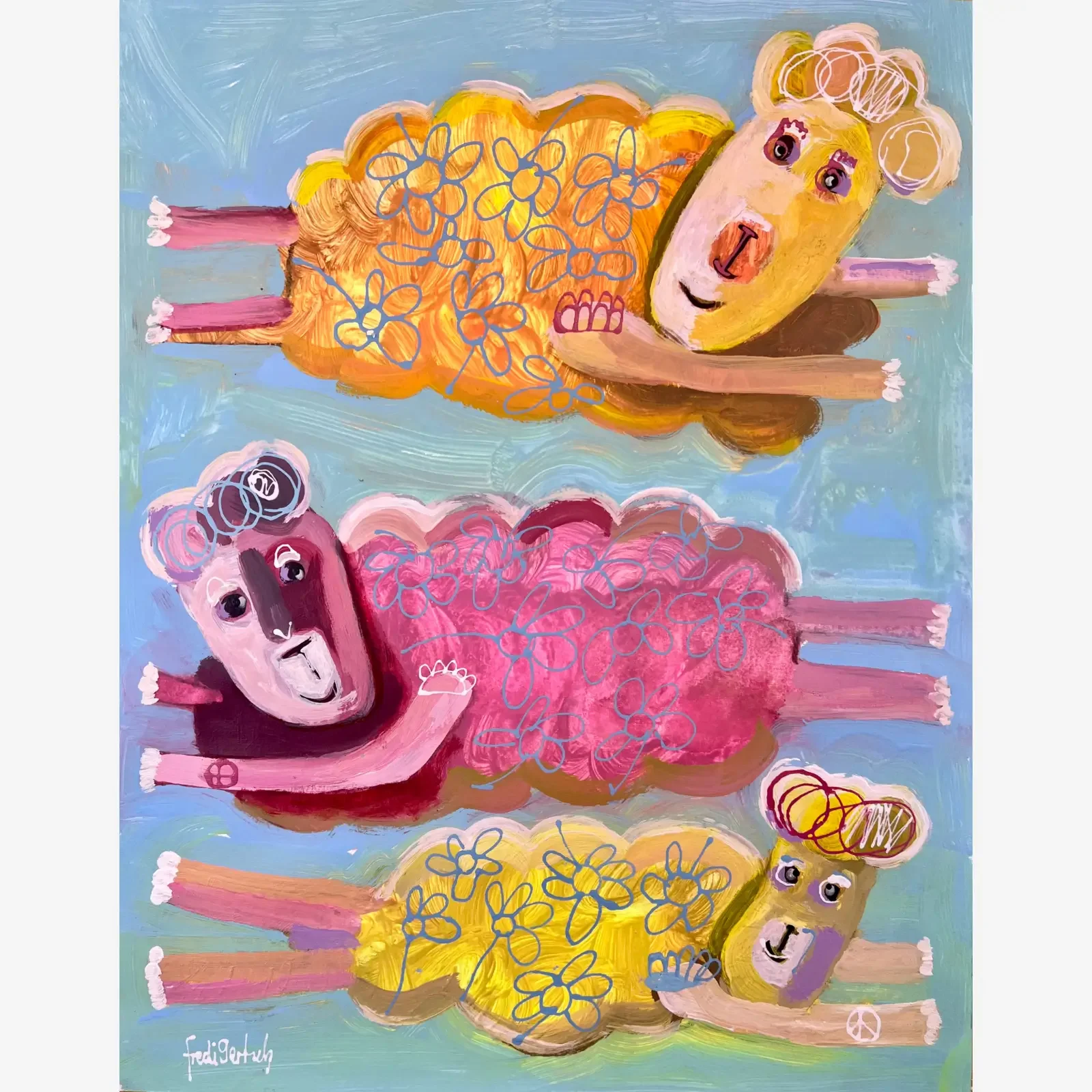 Drei Schafe und ein Blumenmeer, Pop Art Acrylgemälde auf Papier mit drei bunten Schafen und Blumen, Fredi Gertsch, 2024