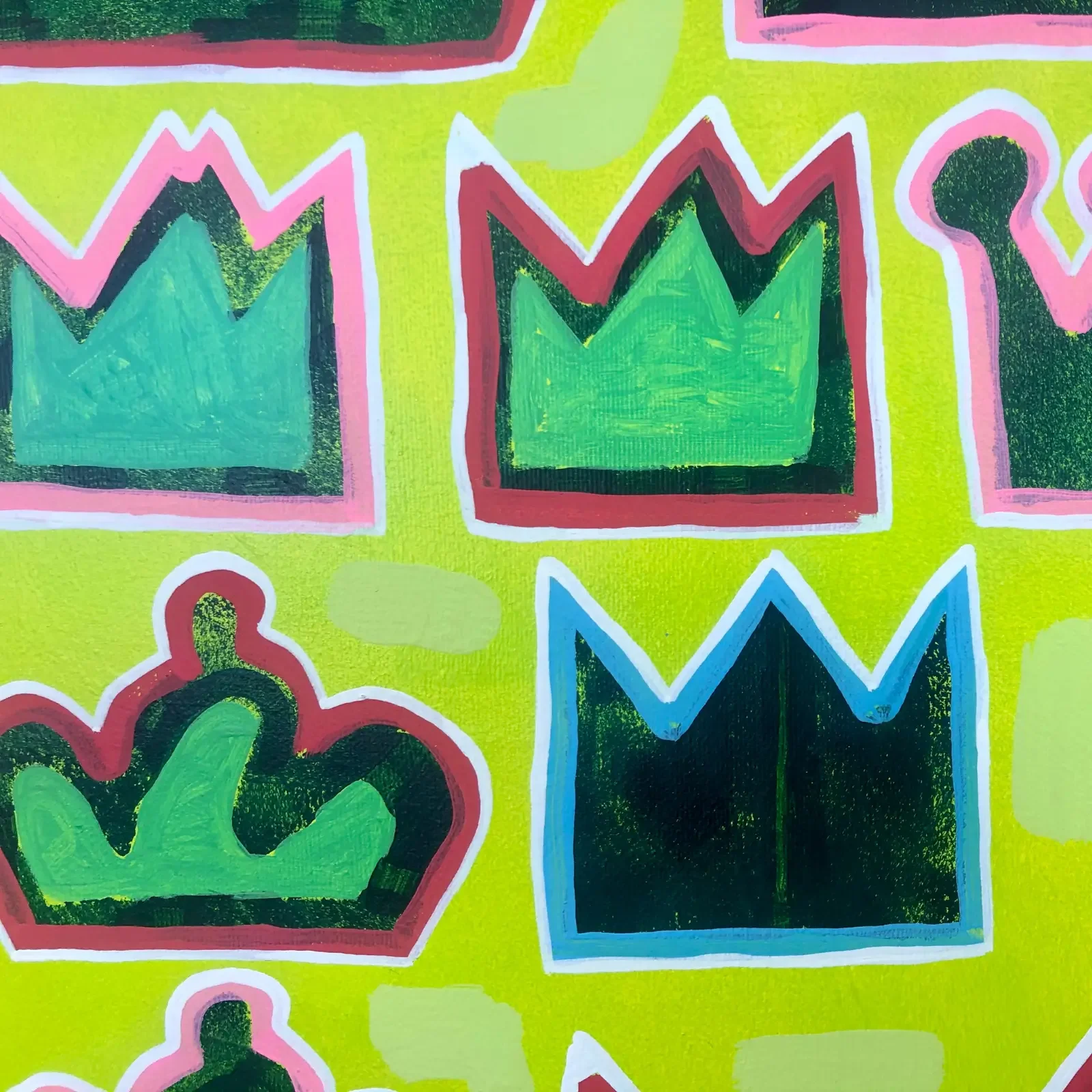 Detail grüne und blaue Kronen, Pop Art Acrylgemälde Queens Wardrobe, Fredi Gertsch, 2021