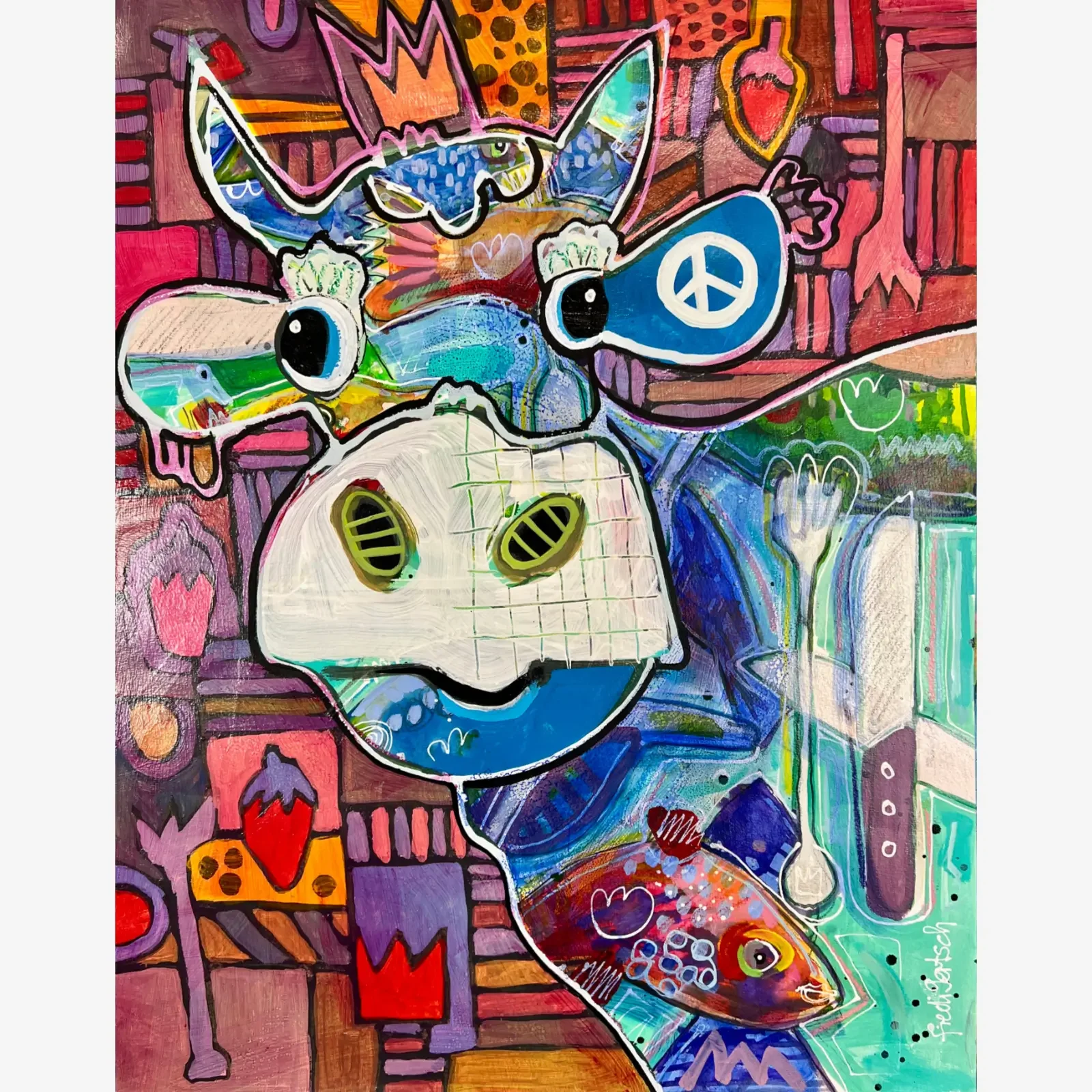 VogelLisi – Strawberry Fields, Pop Art Acrylgemälde auf Papier mit Kuh, Krone, Erdbeeren, Peace-Zeichen und bunten Mustern, Fredi Gertsch, 2026