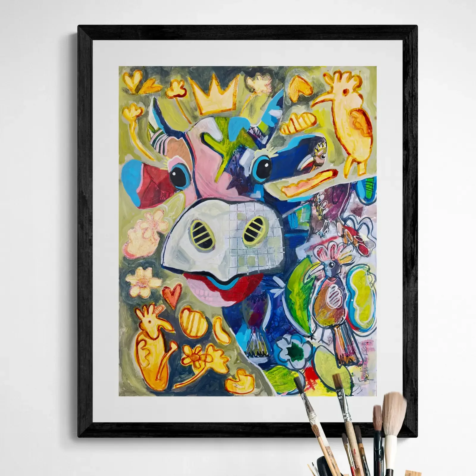 VogelLisi – Golden Birds von Fredi Gertsch, Pop Art Acrylgemälde als Wandbild mit Pinseln im Atelier, 2026