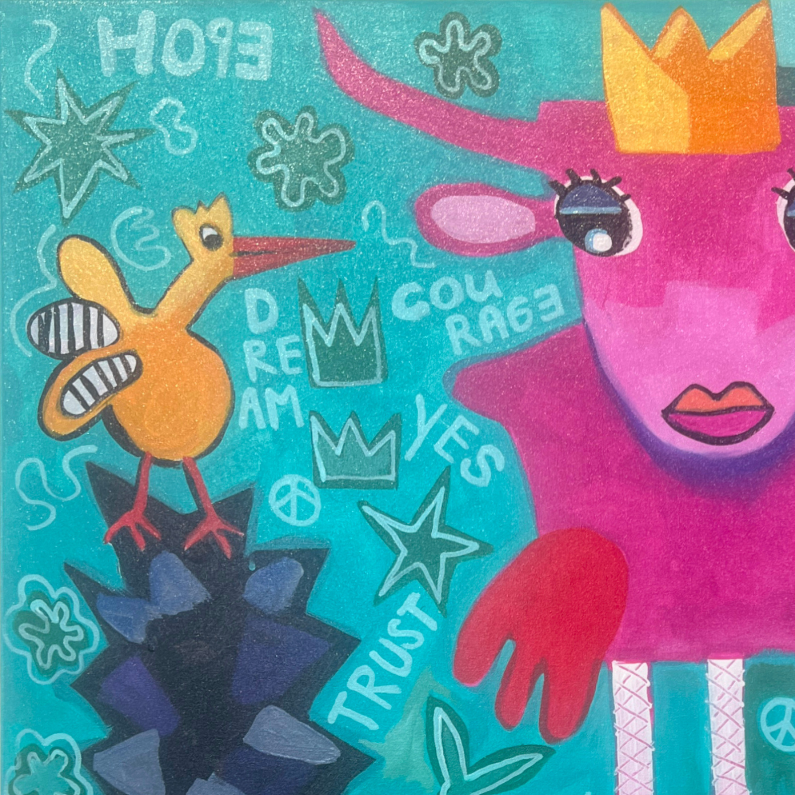 Detail aus KrokoLove – Trust the Yes, Original 80x100 cm von Fredi Gertsch, Acryl auf Leinwand