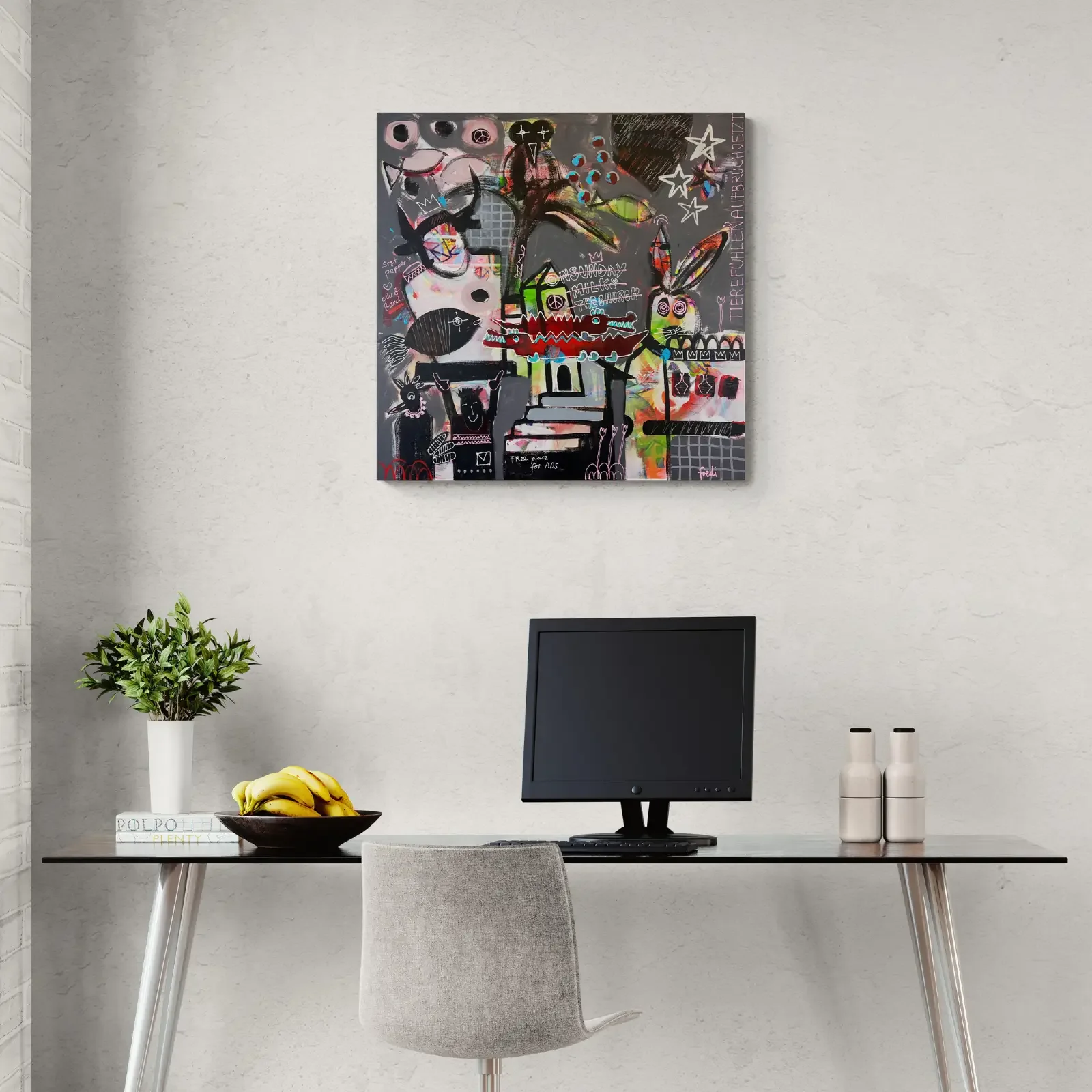 Free Place For Ads von Fredi Gertsch, Pop Art Kunstwerk mit Tieren und Sternen, Wandbild im Home Office, 2026