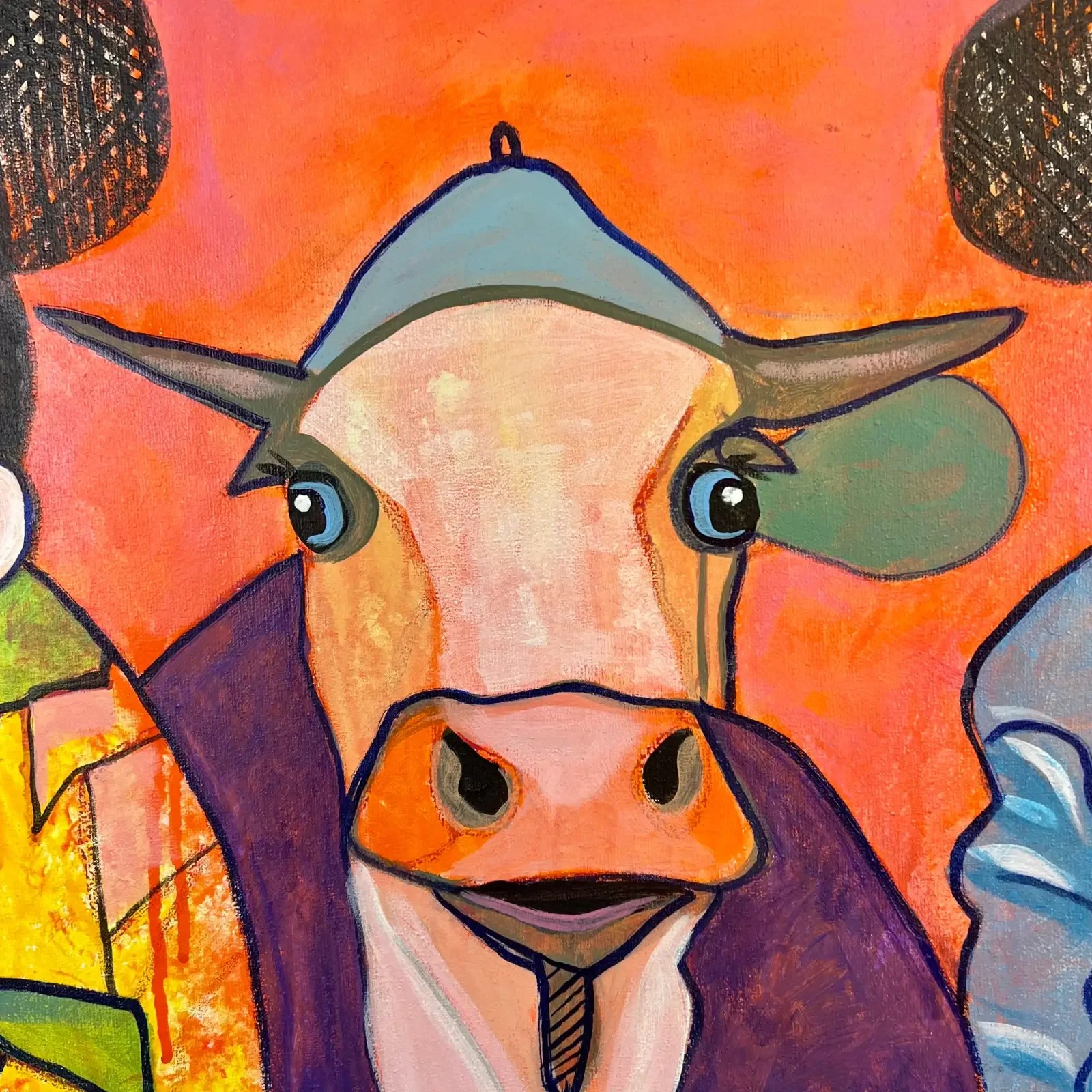 Detail Kuh mit Mütze und Comic-Figur, Pop Art Acrylgemälde Friends With Benefits, Fredi Gertsch, 2023