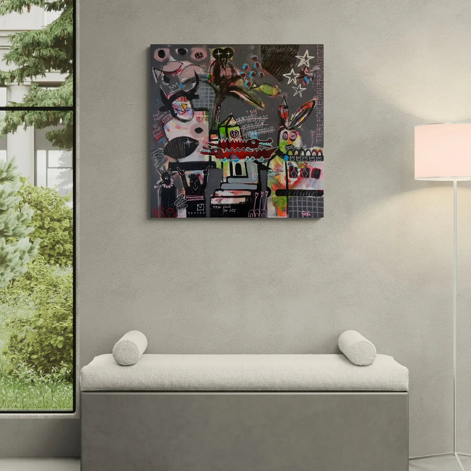 Free Place For Ads, Pop Art Gemälde von Fredi Gertsch, Tiere und Sterne, Wohnzimmer Deko, 2026