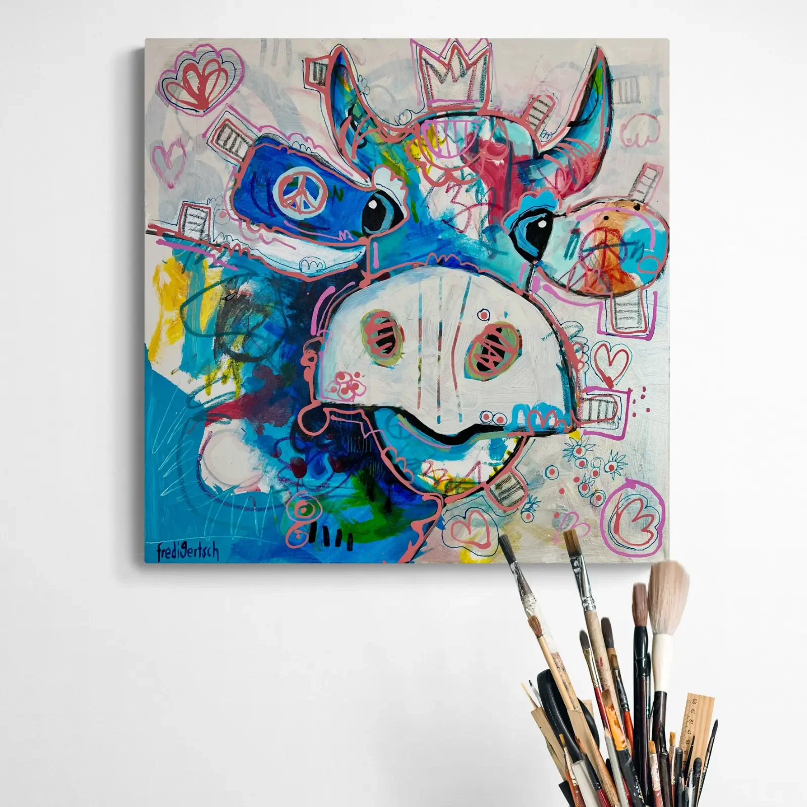 VogelLisi – Blue Harmony von Fredi Gertsch, Pop Art Acrylgemälde als Wandbild im Atelier, 2026