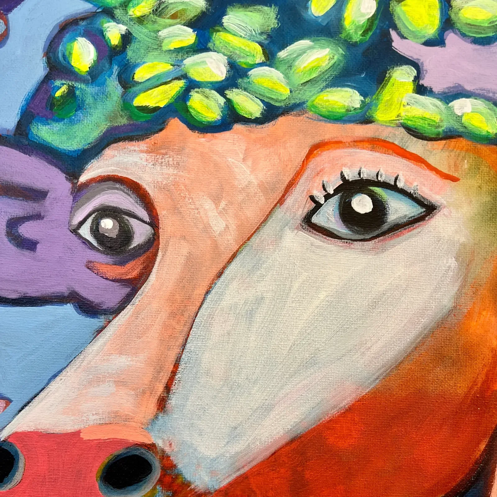 Detail Kuhauge mit Blumenkranz, Pop Art Acrylgemälde VogelLisi über den Wolken, Fredi Gertsch, 2024