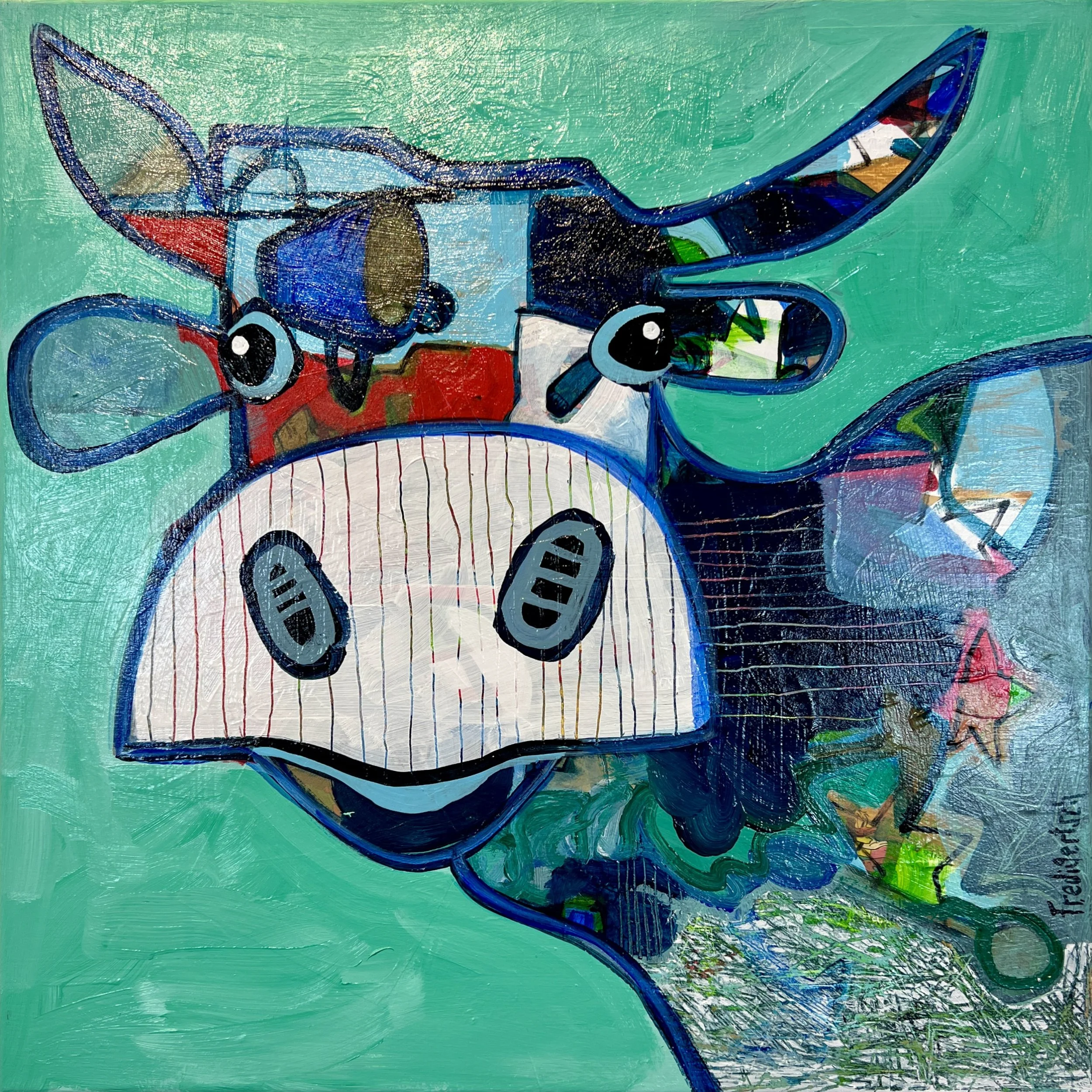 VogelLisi – Fresh Spirit von Fredi Gertsch: bunte Kuh mit weiss gestreifter Schnauze, blauen Konturen und roten Akzenten vor türkisem Hintergrund.
