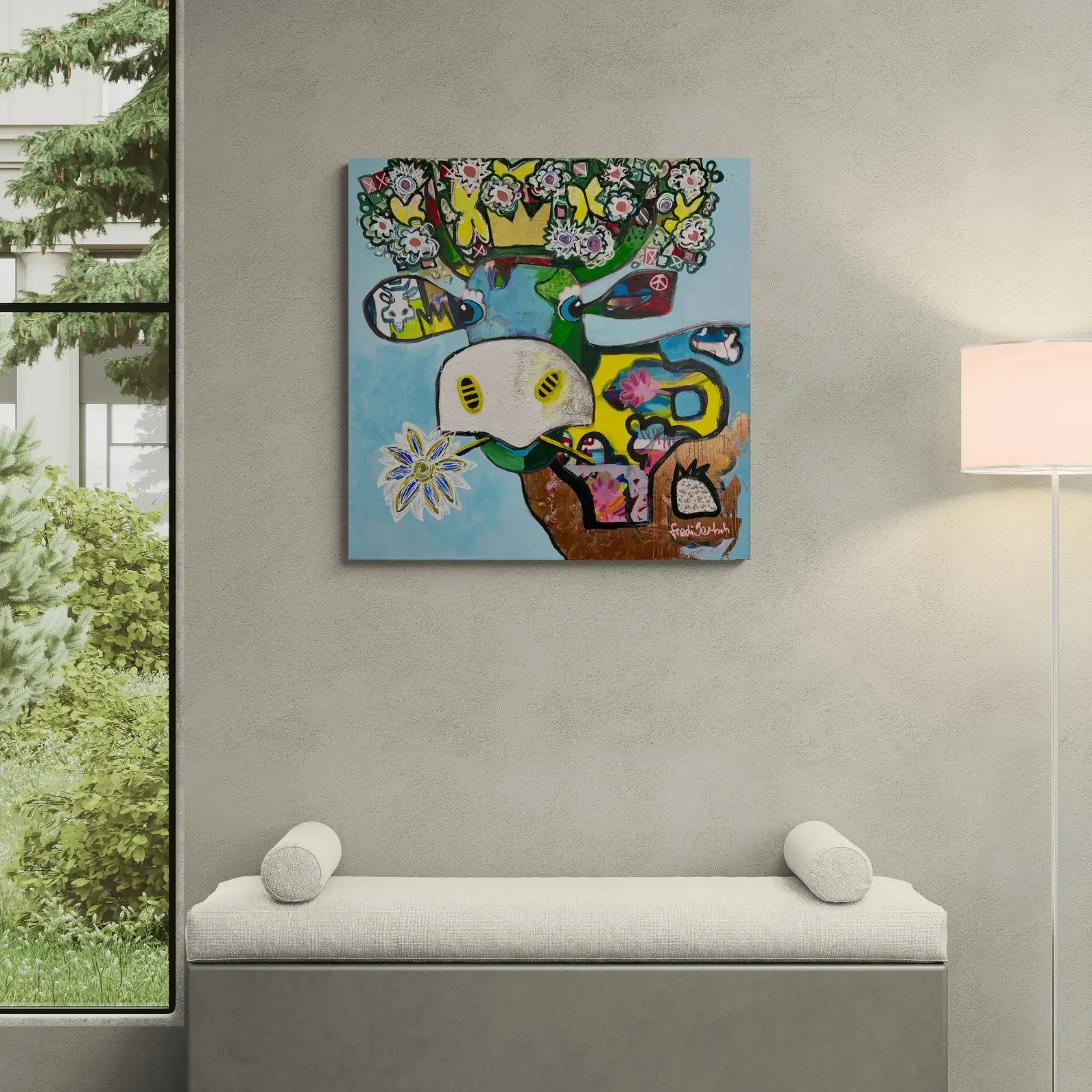 VogelLisi – Flower Crown Sky von Fredi Gertsch, Pop Art Wandbild im Schlafzimmer, 2026